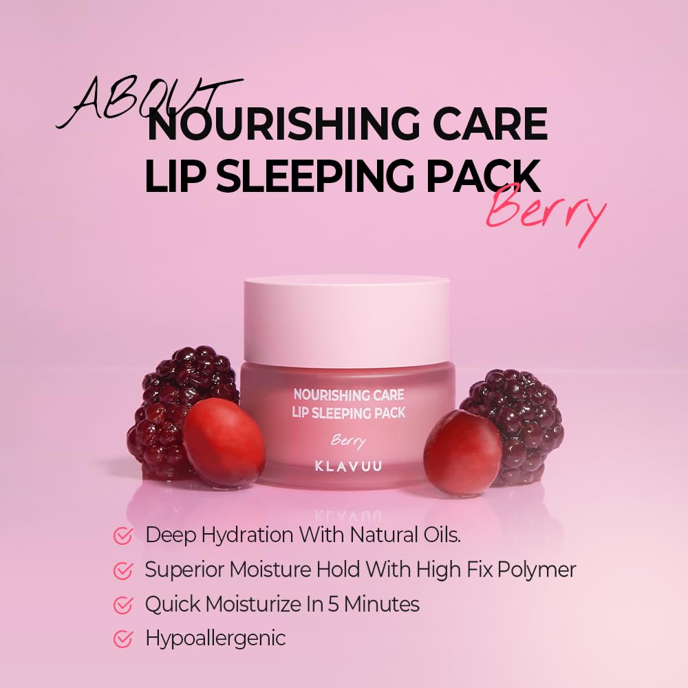 Klavuu Lip Mask Sleeping Pack (0.7oz) – Overnight Deep Hydrating Korean Lip Balm Treatment for Very Dry, Chapped Lips | Lip Lightening & Plumping with Instant Hydration | Gentle Exfoliating (Berry)