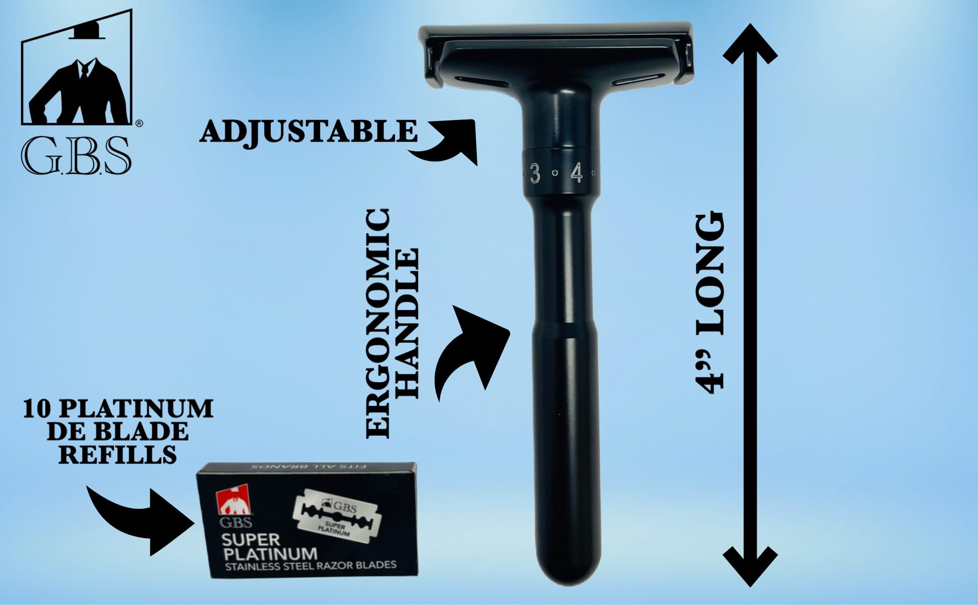 G.B.S Gbs Men'S Grooming Set - Black Matte Double Edge Razor W/Travel Case + Safety Blades, Pure Bristle S