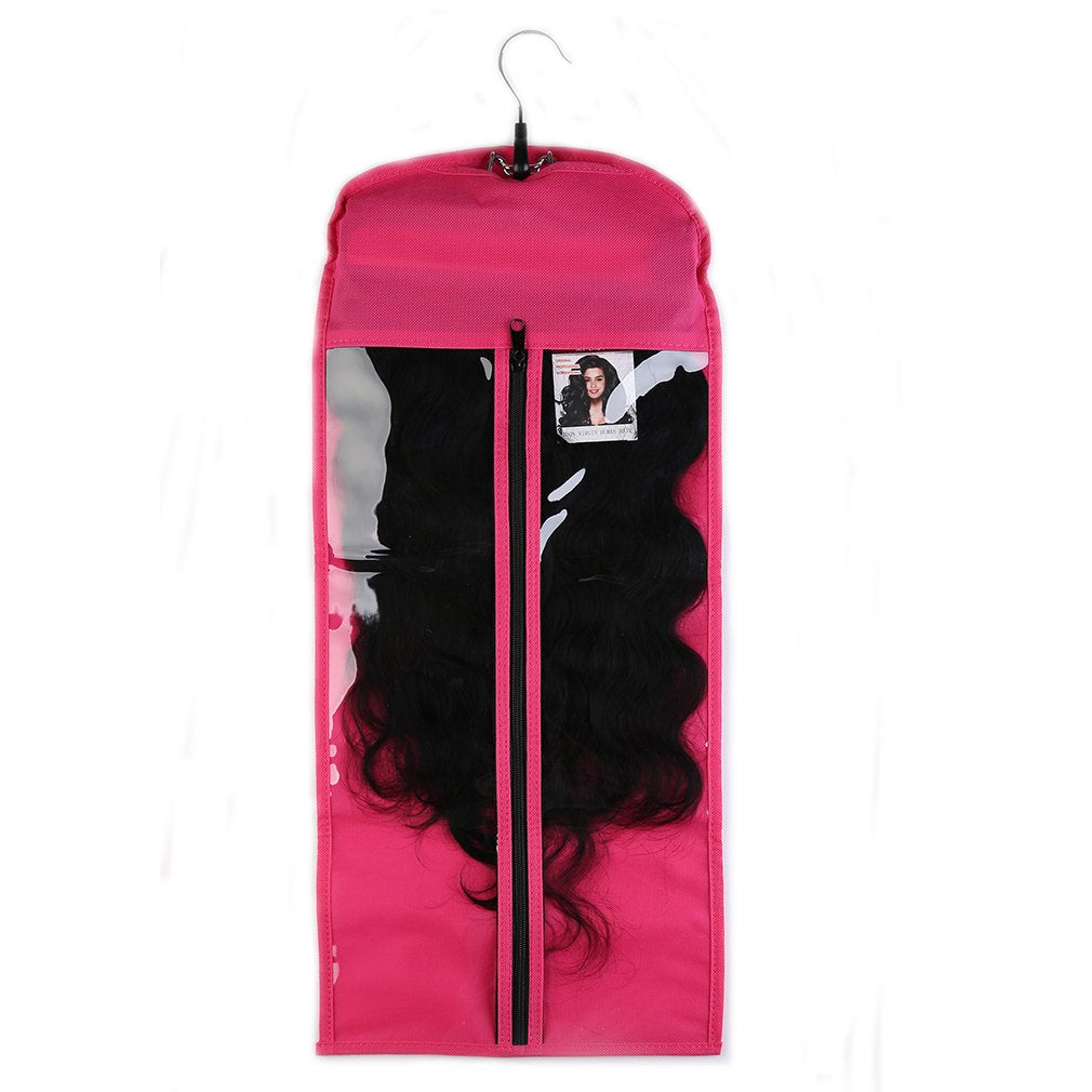 Portable Hair Extensions Carrier Holder Non-woven Dust-proof Suitcase Storage Bag with Wooden Hanger for Human Hair (Rose Red)