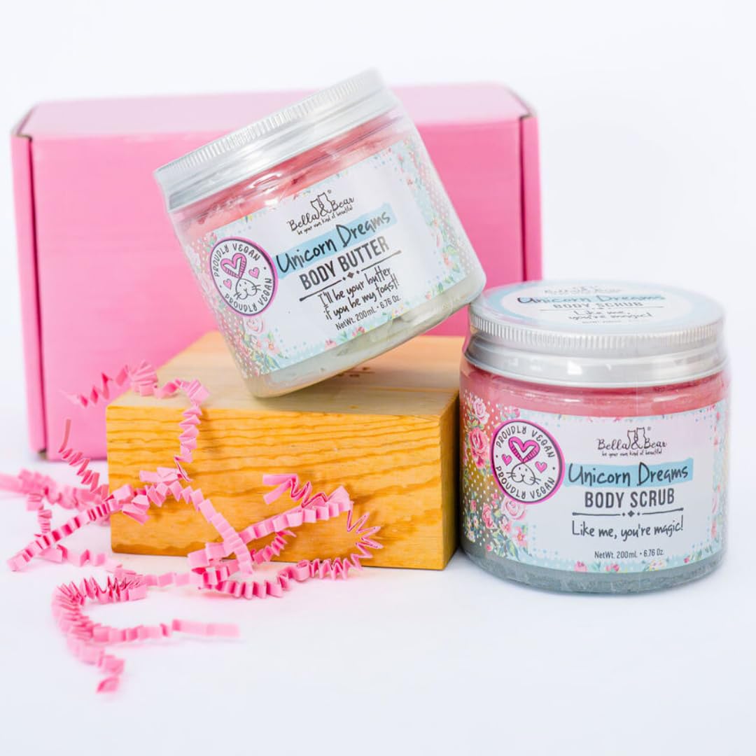 Bella & Bear Unicorn Dreams Gift Set - 3-in-1 Body Scrub & Goddess Body Butter in Glossy Pink Box - Vegan, Cruelty-Free, Mango-Pineapple-Vanilla Scent