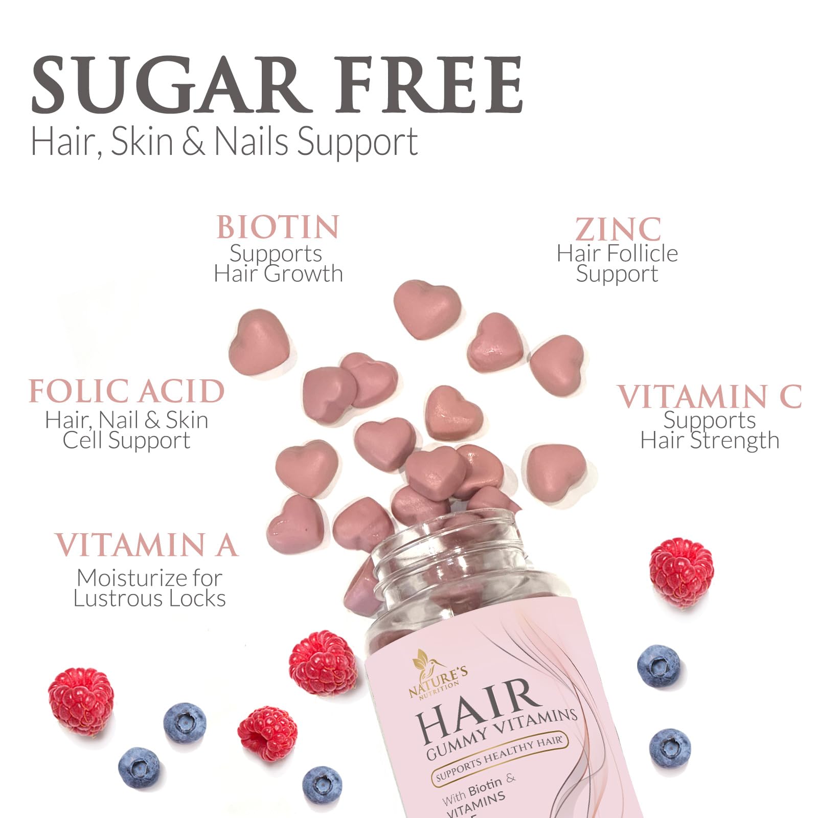 Sugar Free Hair Vitamins Gummies with Biotin 5000 mcg, Vitamin A, B12, C, D, E, Folic Acid, Supports Hair Growth Gummy, Vegetarian Friendly, Supports Strong Beautiful Hair and Nails - 60 Gummies