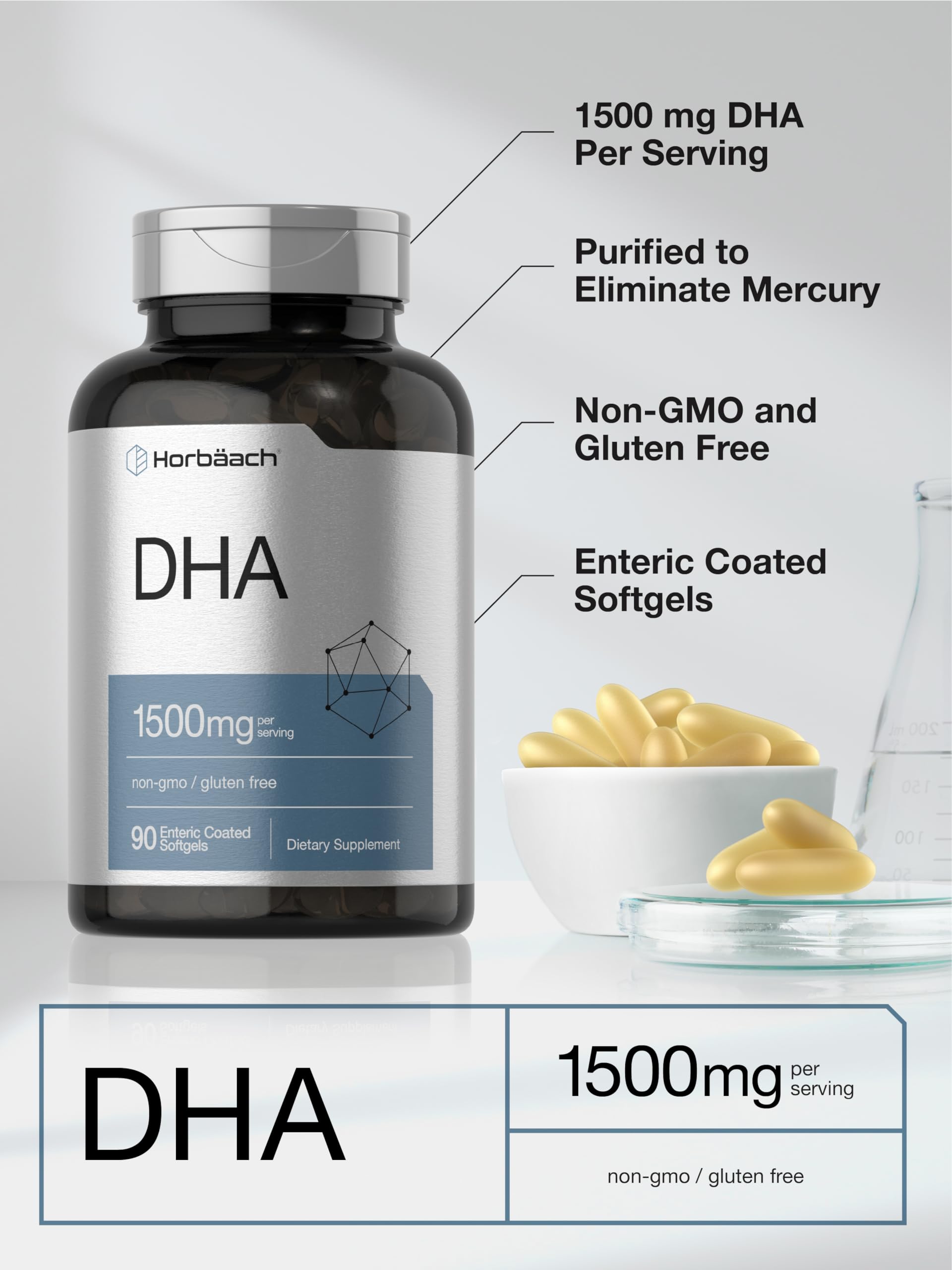 Horbaach DHA Supplement 1500mg | 90 Softgels | EPA, Omega 3, DHA | Non-GMO, Gluten Free