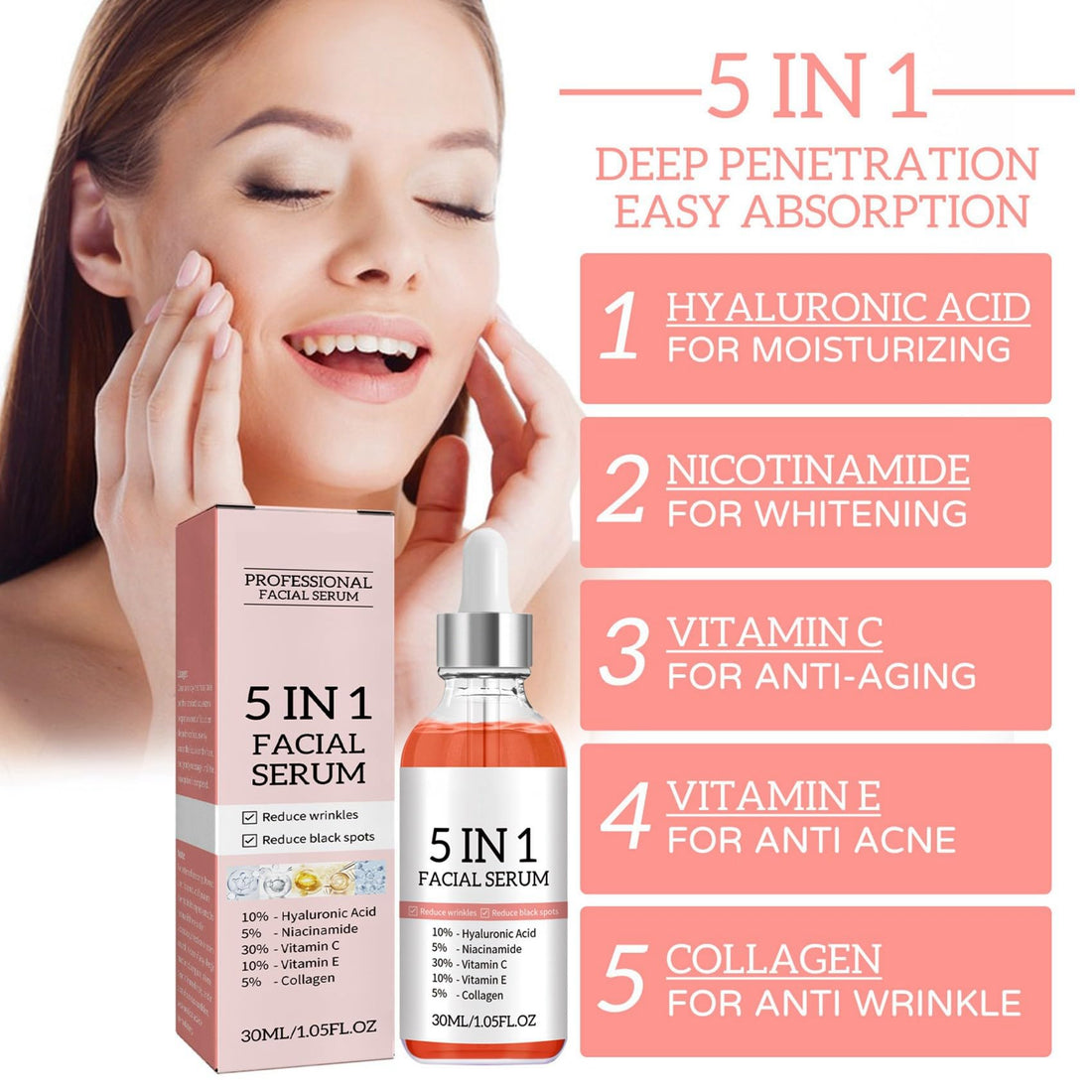 Vitamin C Face Serum, 5 In 1 Anti Aging Serum With Vitamin C, Vitamin E, Hyaluronic Acid, Collagen and Nicotinamide, Vitamin C Serum For Facial Moisturizing, Firming Skin And Even Skin Tone 30ml