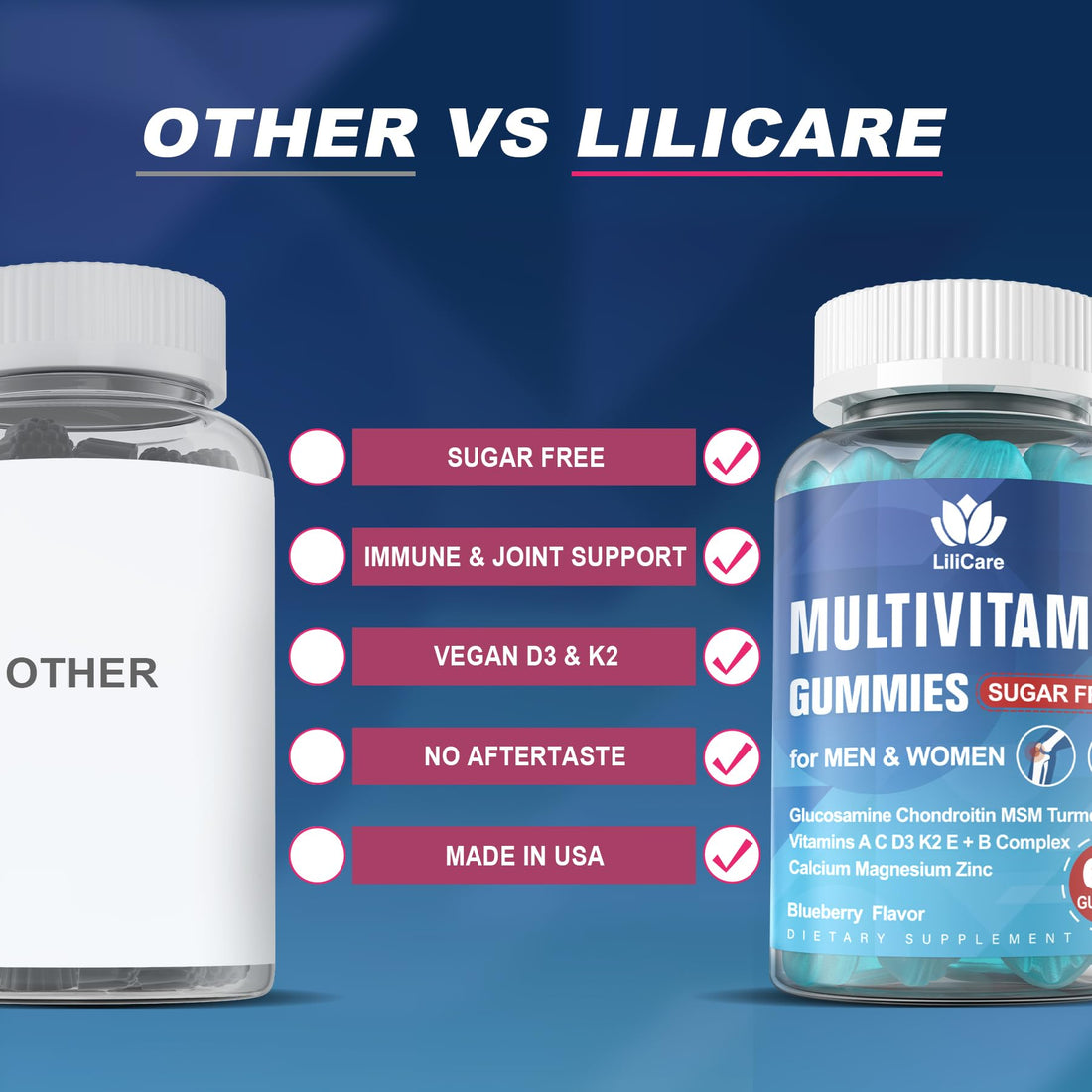 Sugar Free Methylated Multivitamin for Men & Women 50 Plus with Glucosamine Chondroitin MSM, Iron Free Gummies for Senior with Multi Vitamin D3 K2 & A C E, B Complex, Algae Calcium Magnesium - 60Cts