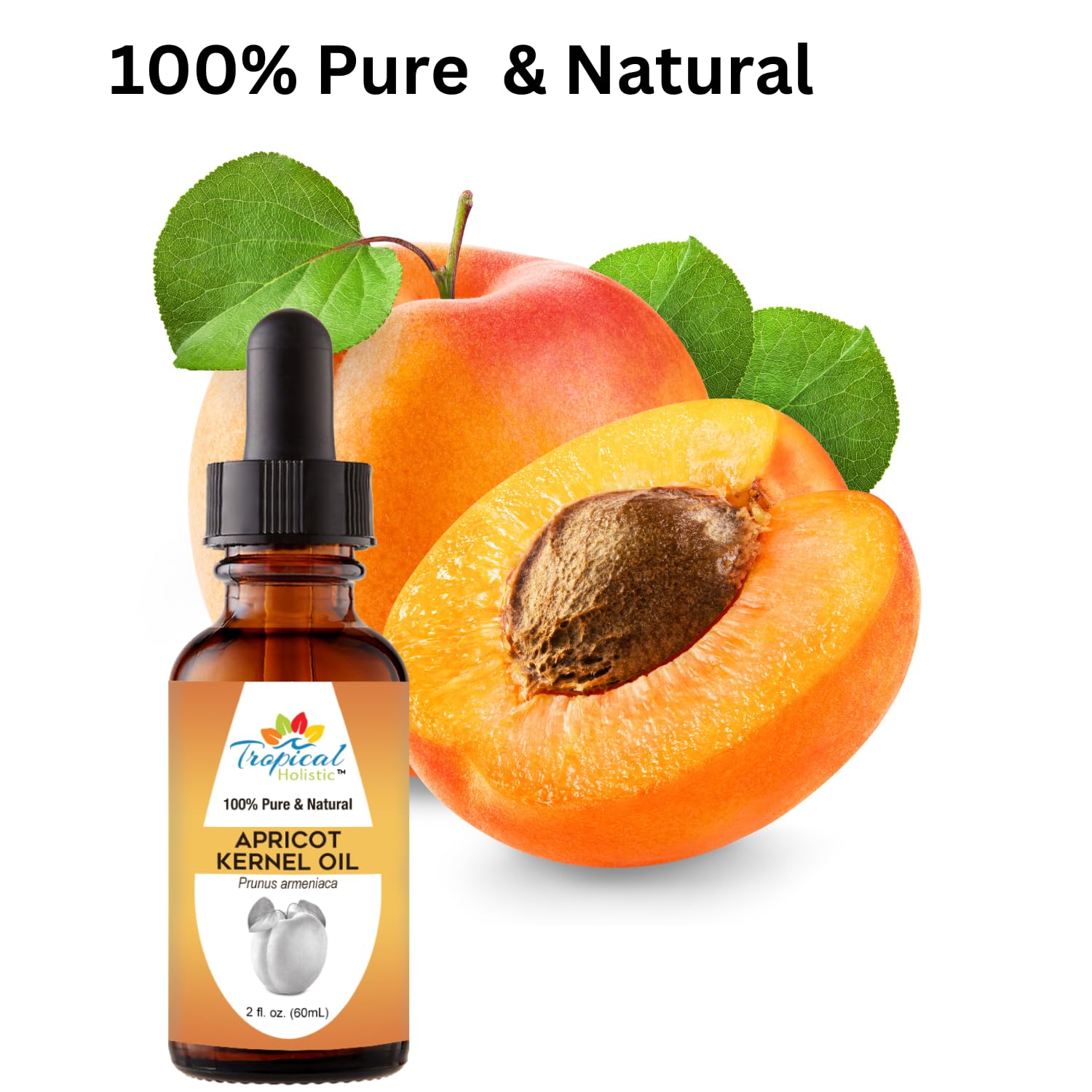 Tropical Holistic 100% Pure Organic Apricot Kernel Oil, 2 oz - Natural Cold-Pressed Apricot Seed Oil from Turkey - Ideal for Massage, Skincare, Hair, Body, Aromatherapy for Men & Women