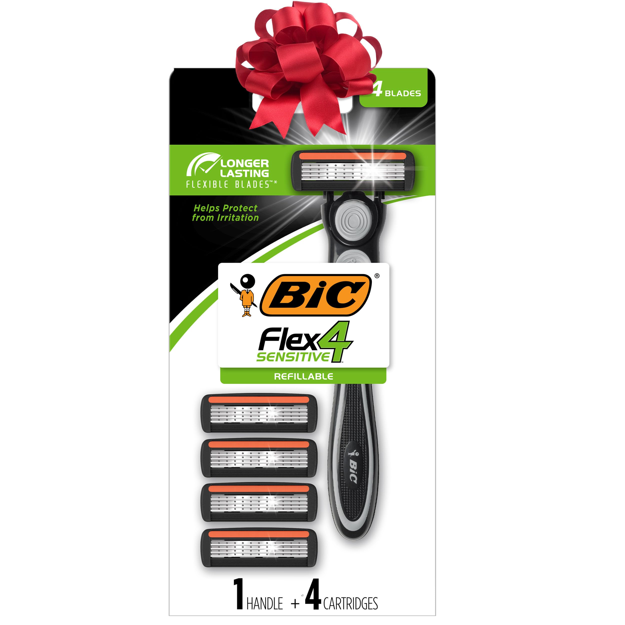 BIC Flex 4 Refillable Razors for Men, Long-Lasting 4 Blade Razors for Sensitive Skin, 1 Handle and 4 Cartridges, 5 Piece Shaving Gift Set