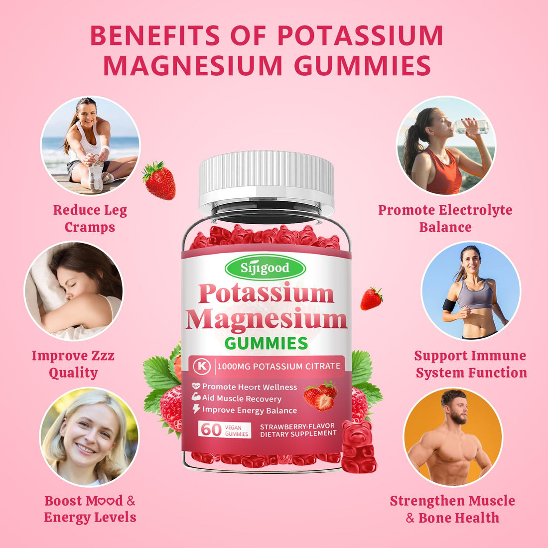 Potassium Magnesium Gummies, High Absorption Magnesium Potassium Supplement with Vitamin B6 for Leg Cramps & Muscle Health, Strawberry, 60 Count