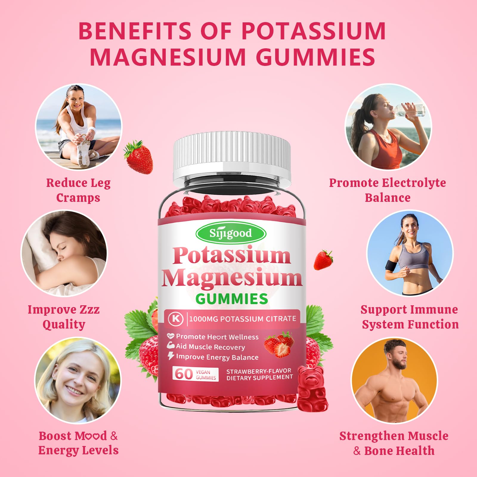 2 Pack Potassium Magnesium Gummies, High Absorption Magnesium Potassium Supplement with Vitamin B6 for Leg Cramps & Muscle Health, Strawberry, 120 Count