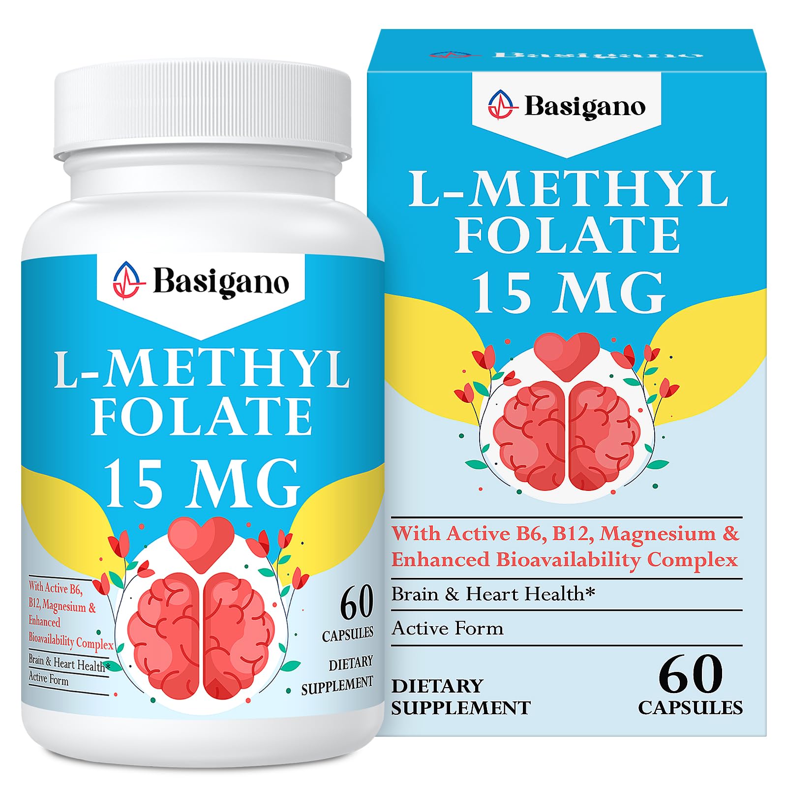Basigano 15mg L Methylfolate (5-MTHF)- Active Folic Acid-Enriched with Vitamins B6 and B12-60 Vegetarian Capsules - Non-GMO, Gluten-Free