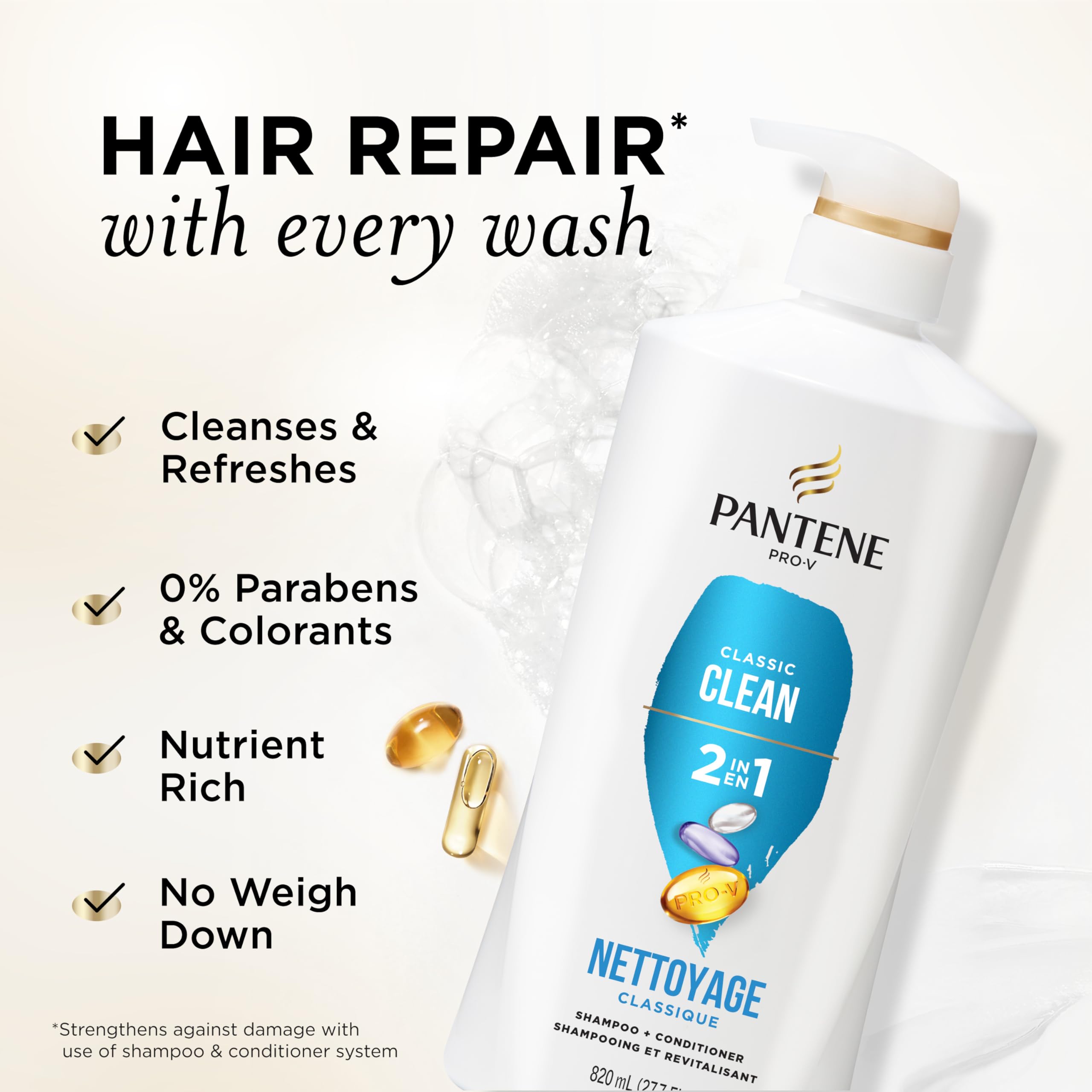 Pantene Classic Clean 2-In-1 Shampoo & Conditioner Set, Pro-V Nutrients for Dry, Color-Treated Hair, Nourishment & Hydration, Antioxidant-Rich, 27.7 Fl Oz Each, 2 Pack + Miracle Rescue Shot (0.5 Oz)