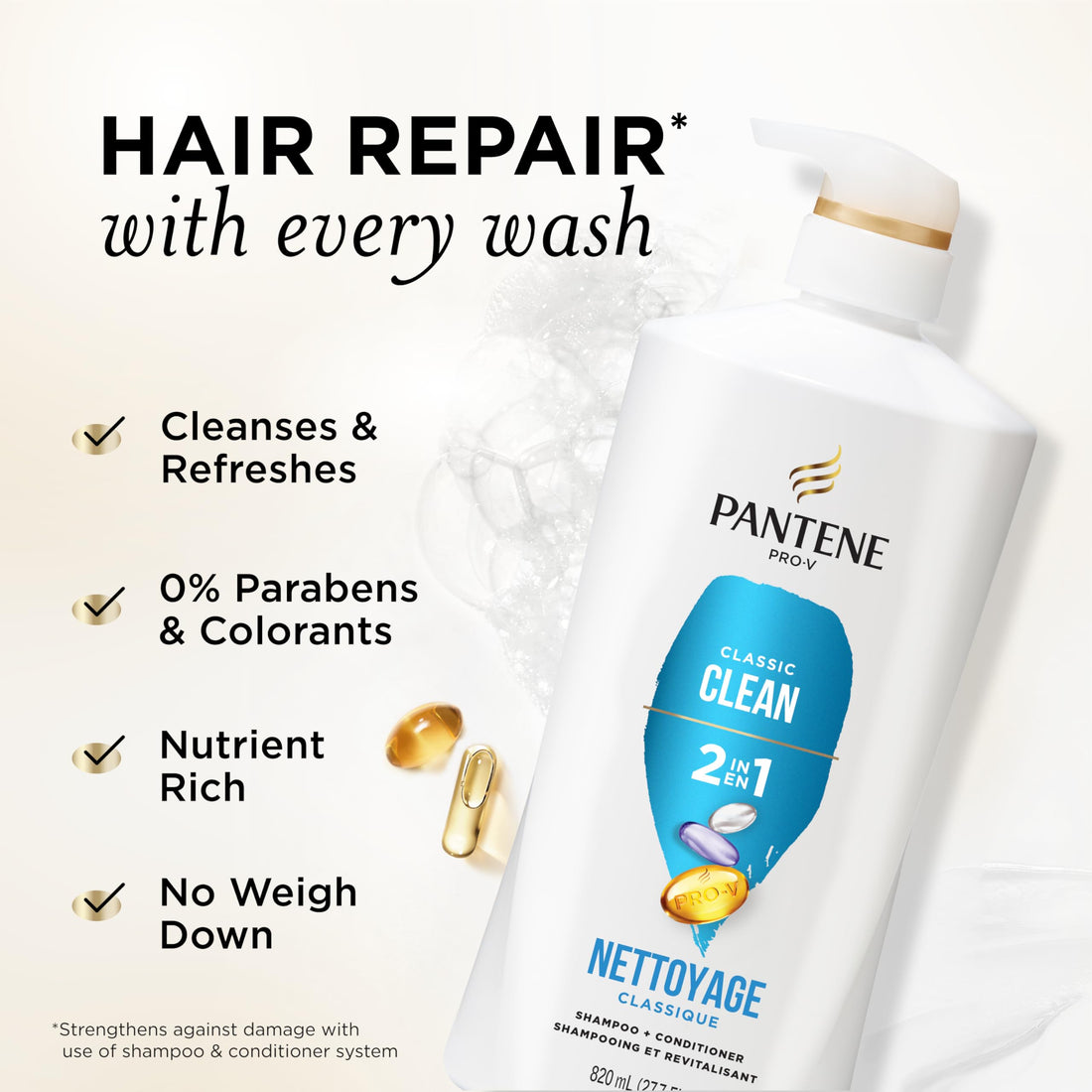 Pantene Classic Clean 2-In-1 Shampoo & Conditioner Set, Pro-V Nutrients for Dry, Color-Treated Hair, Nourishment & Hydration, Antioxidant-Rich, 27.7 Fl Oz Each, 2 Pack + Miracle Rescue Shot (0.5 Oz)