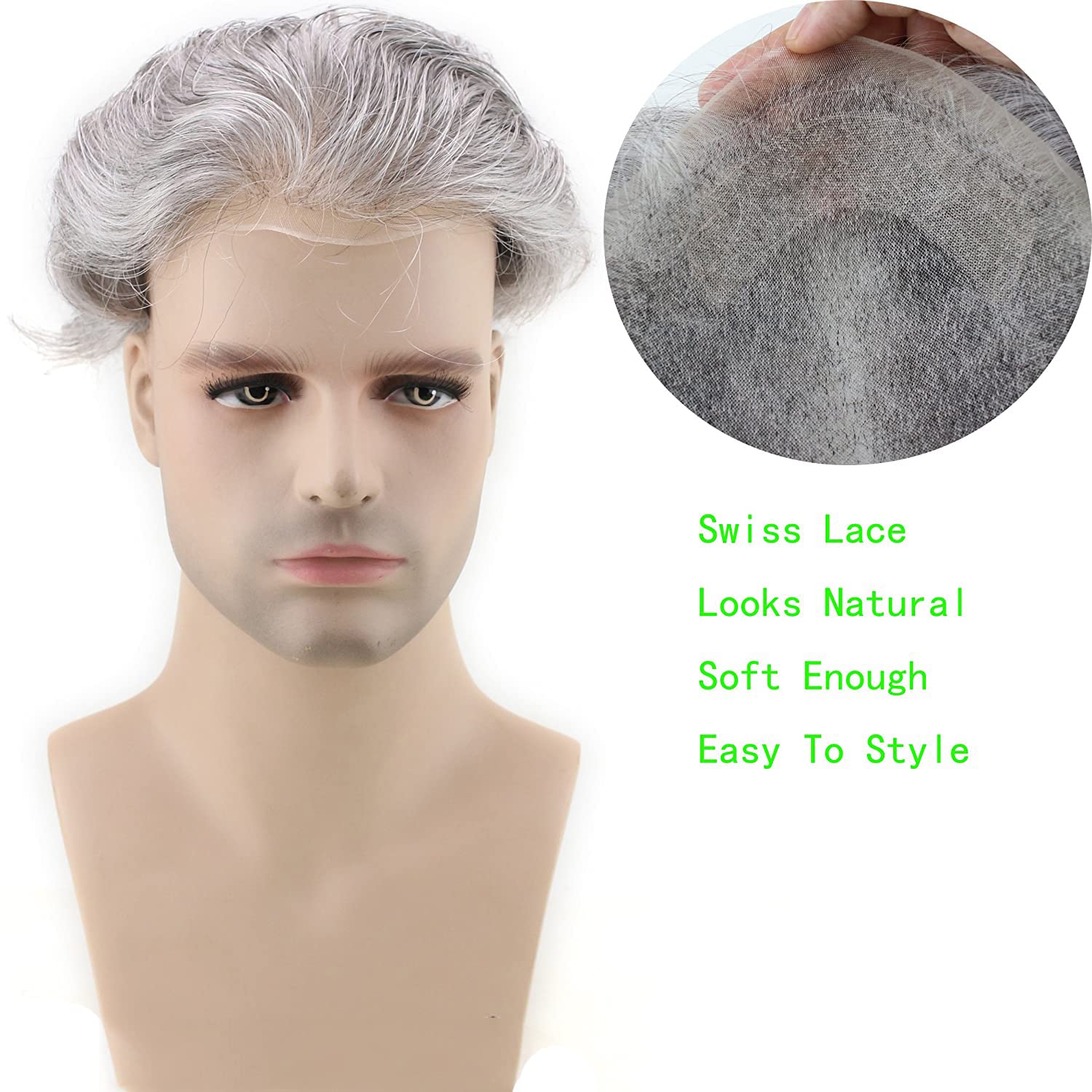 Rossy&Nancy Men Hairpiece Real French Lace Human Hair Replacement for Men Wig Thin Skin Men's Toupee 20% #2 Color Mixed 80% Grey Hair