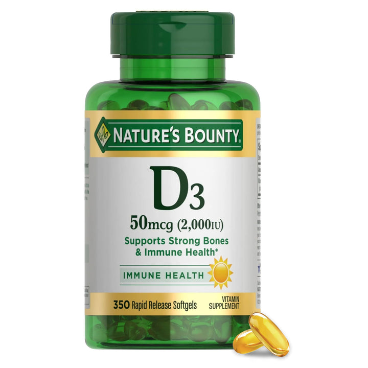 Nature's Bounty Vitamin D3 2000 IU | Supports Immune Health, Calcium Absorption & Bone Strength | Essential for Healthy Bones | Non-GMO, No-Gluten | 350 Softgels, 1 Serving Per Day for Daily Health