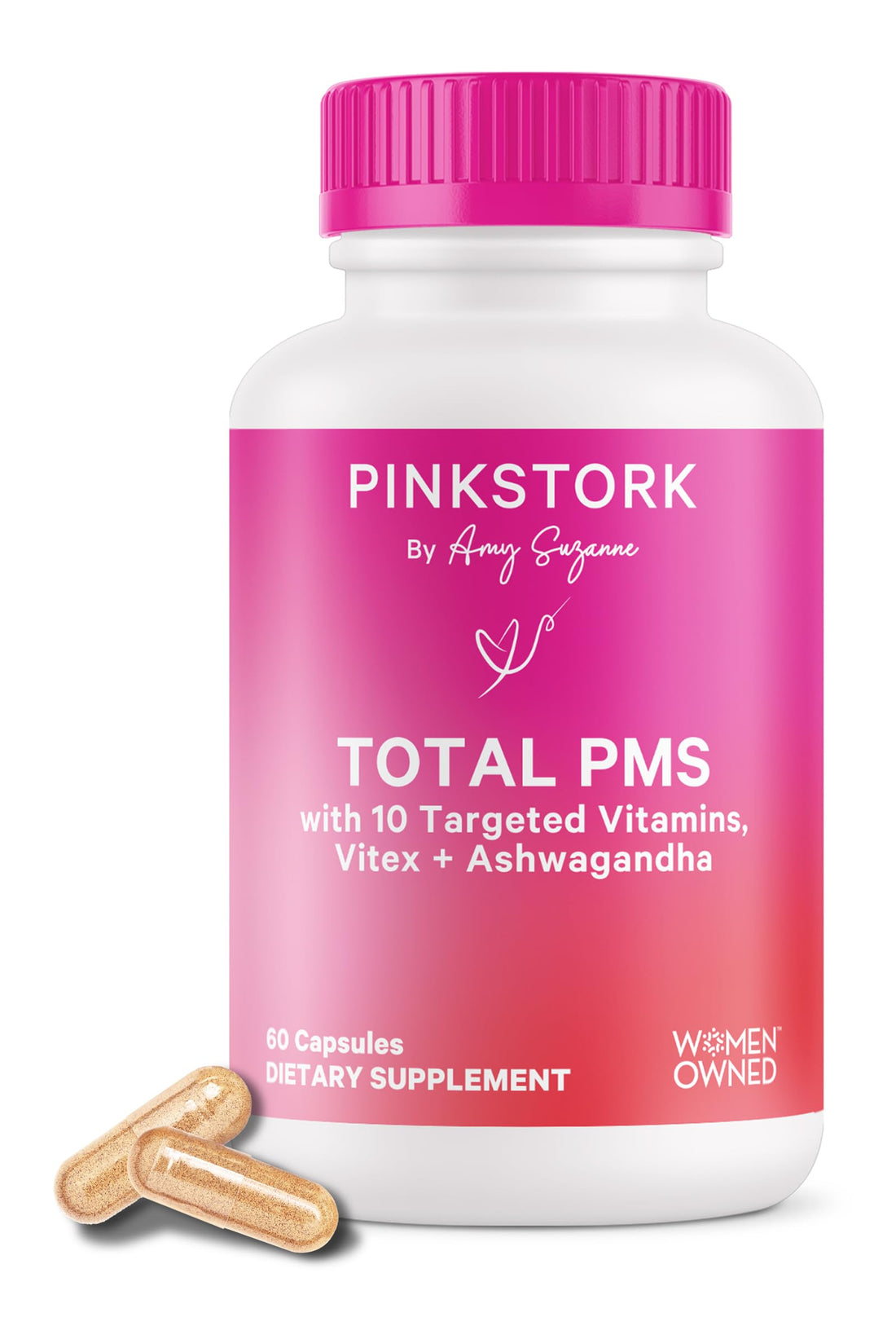 Pink Stork PMS Supplement for Women - Vitex, Ashwagandha, Maca Root & 10 Vitamins & Minerals to Support Hormone Balance, Mood, Bloating, Period Regularity - 60 Capsules