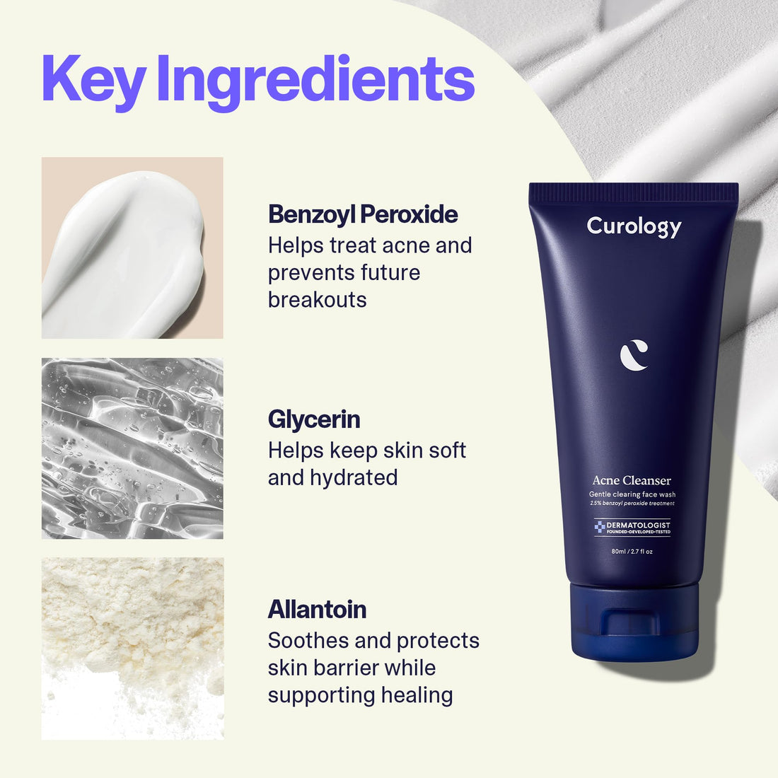 Curology Acne Facial Cleanser Treatment, 2.5% Benzoyl Peroxide Face Wash, For Oily and Acne Prone Skin, Milky Gel Texture, Fragrance Free, 5.07 fl oz
