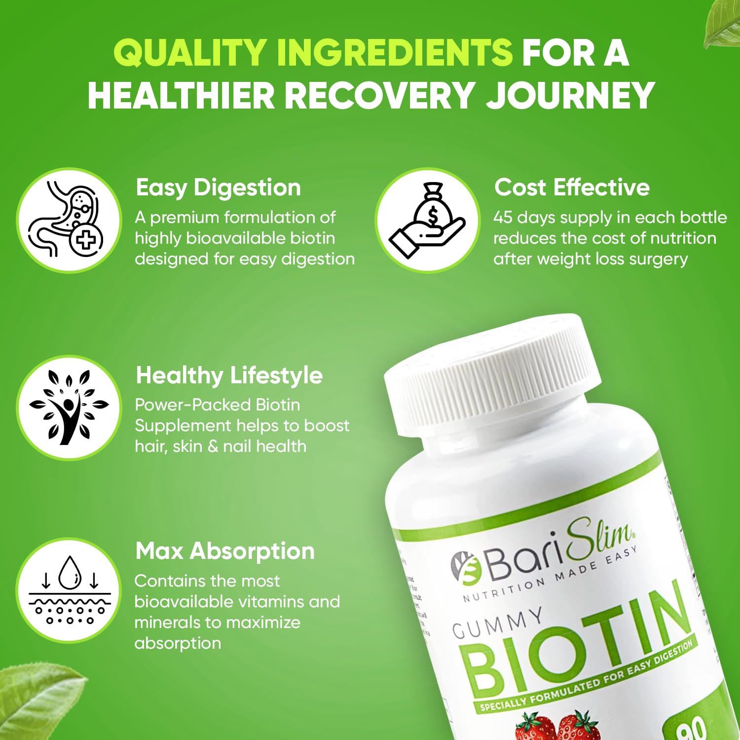 BariSlim Bariatric Vitamin Biotin Gummies - Specially Formulated Gummy Vitamin for Patients After Weight Loss Surgery - Easy to Digest and Great Tasting Fruit Flavors | 90 Fruit Chews