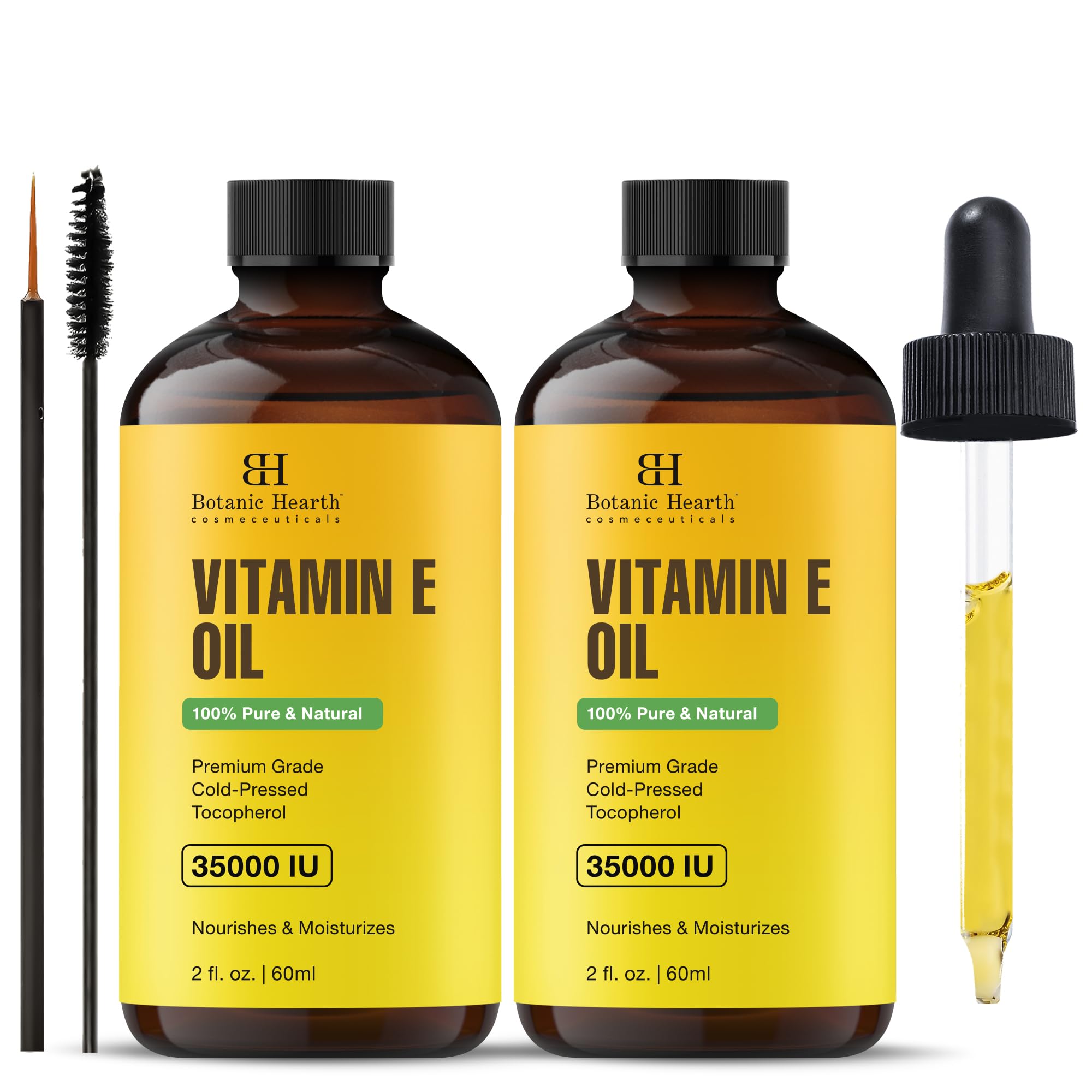 Botanic Hearth Vitamin E Oil | 100% Pure and Natural oil for Growth of Nails, Hair, Eyebrows & Eyelashes | 35,000 IU | Hair & Body Oil with Eyebrow & Eyelash Brush| 2 Fl Oz Set of 2