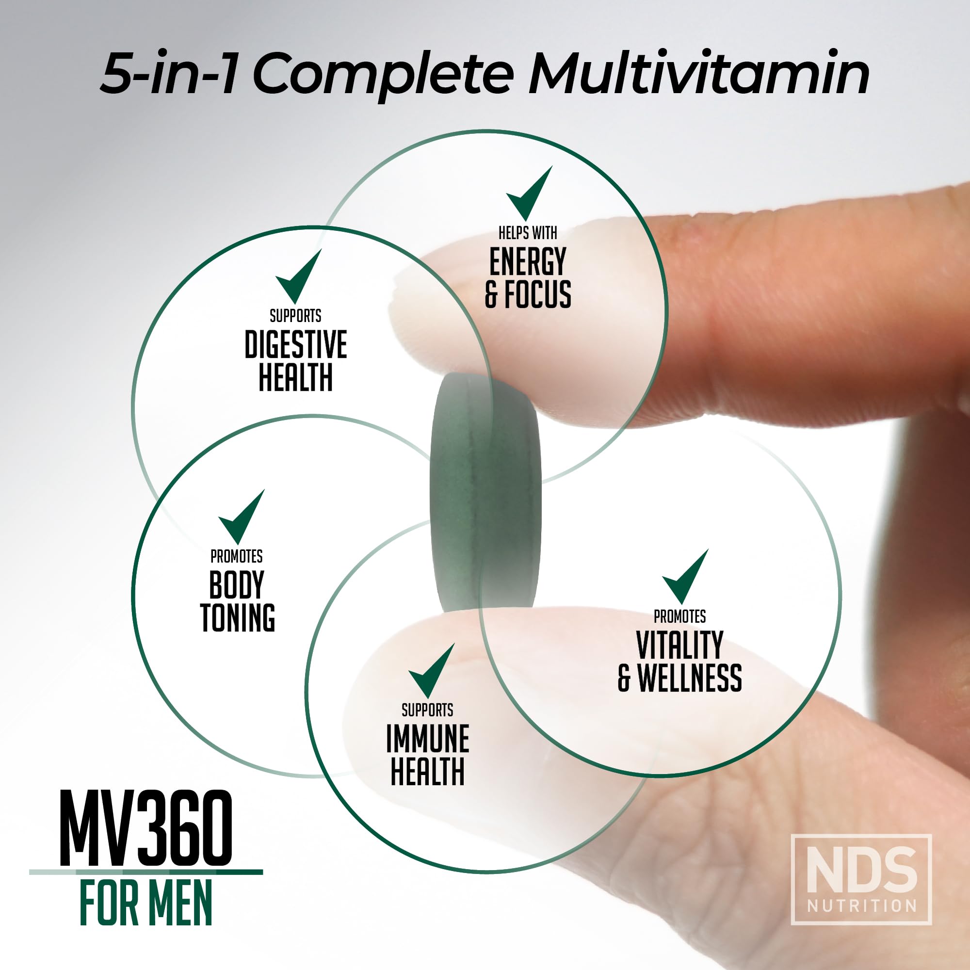 NDS Nutrition MV360 For Men, 5-in-1 Complete Multivitamin for Men with Essential Mens Vitamins for Energy, Digestion, Toning, Immune Support, and Mens Health & Vitality, 60 Tablets, 30 Servings