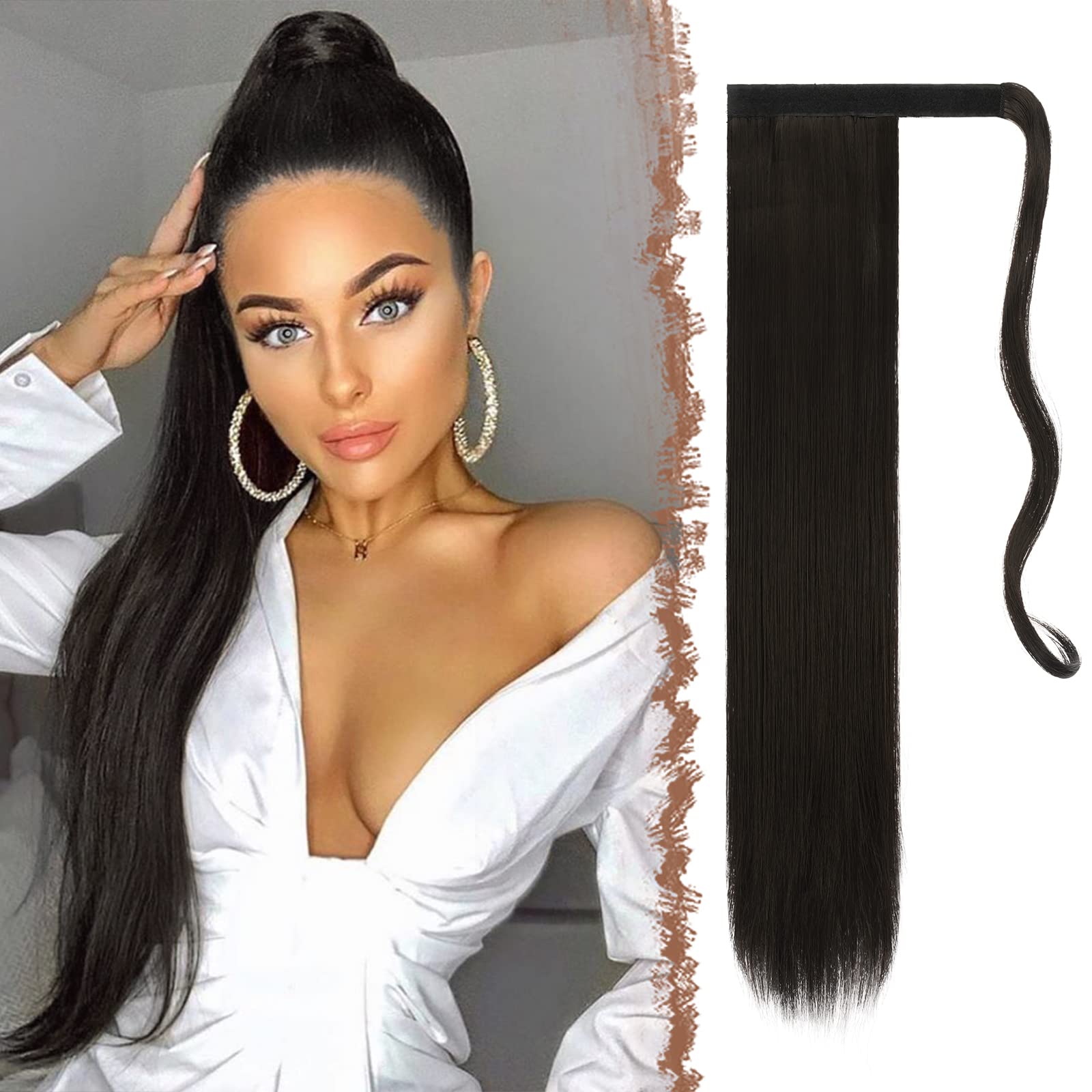 FESHFEN Straight Ponytail Extensions 28 Inch Long Wrap Around Synthetic Hair Piece Clip in Ponytail Hair Extensions Hairpiece for Women Girls 150g
