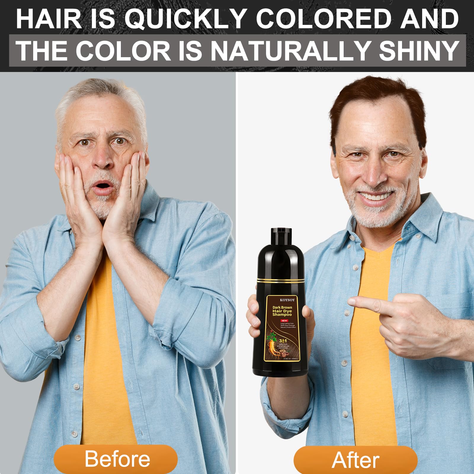 KOYSOY Dark Brown Hair Dye Shampoo 3 in 1,100% Covers Gray Hair,Hair Color Shampoo Can Avoid Going to the Salon to Dye Your Hair,Convenient and Effective Shampoo Hair Dye(500mL,17.6 Fl Oz)(Dark Brown)