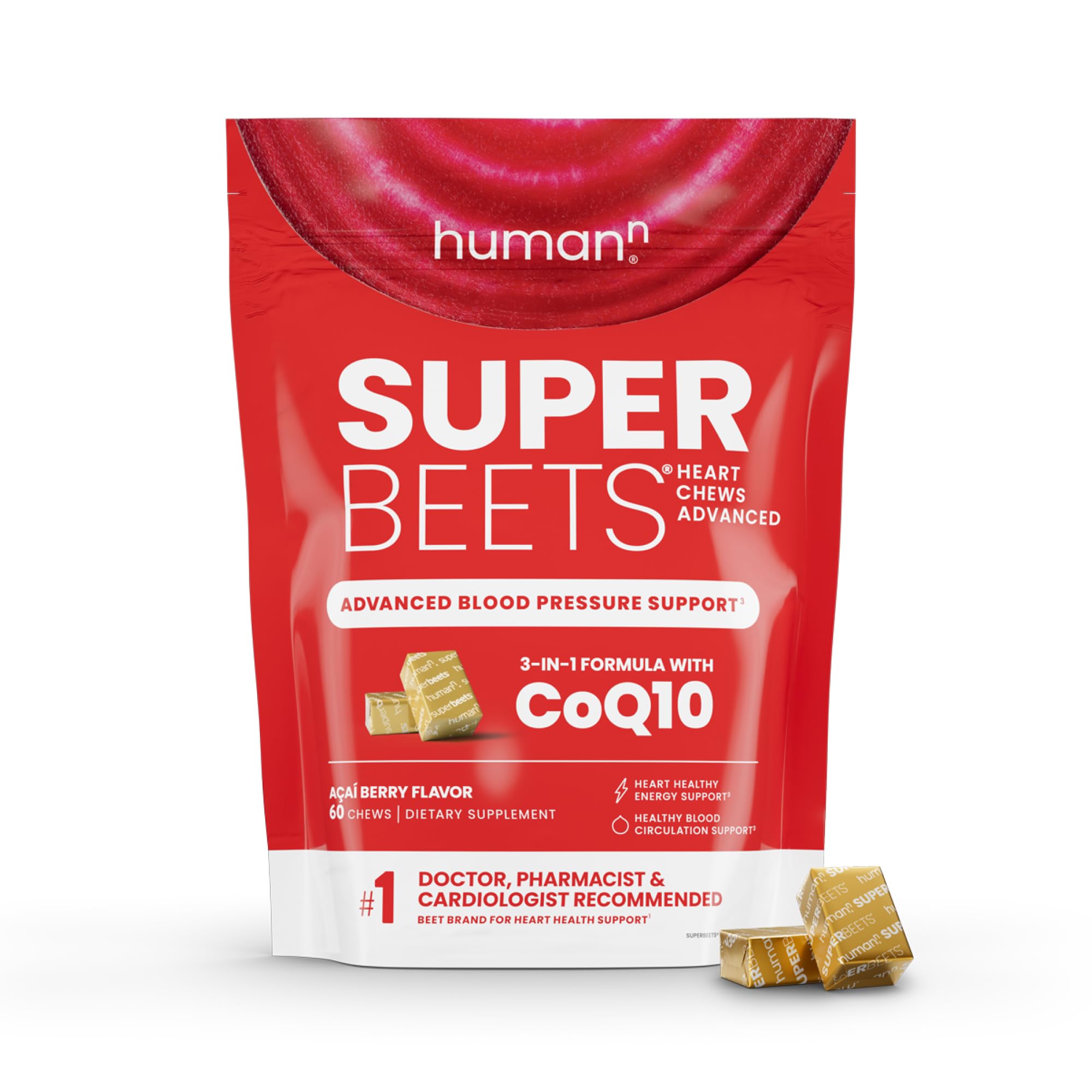 humanN SuperBeets Heart Chews Advanced - 3-in-1 Formula with Beetroot, Grape Seed Extract, & CoQ10, 60 Count