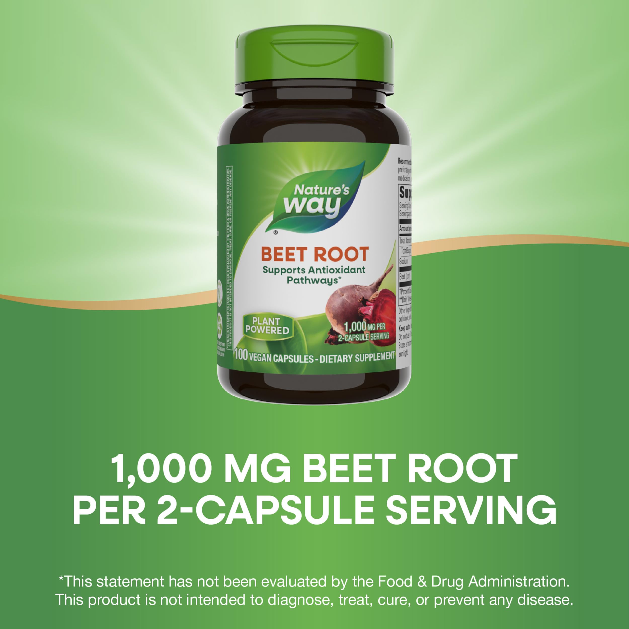 Nature's Way Beet Root Capsules, Supports Antioxidant Pathways*, Helps Neutralize Free Radicals*, 1000 mg per 2-Capsule Serving, Vegan, 100 Count (Packaging May Vary)