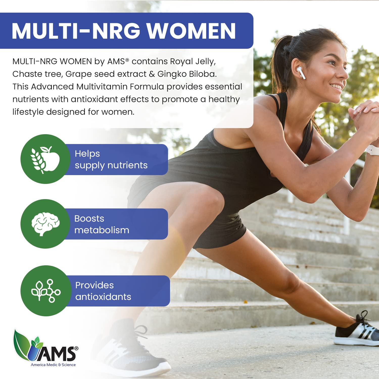 America Medic & Science Multivitamins for Women, Multi-NRG, 45 Coated Caplets, One Daily, Immune Support Supplements, Vitamin C & B Complex, Vital Micro-Nutrients & Natural Herbal Ingredients.