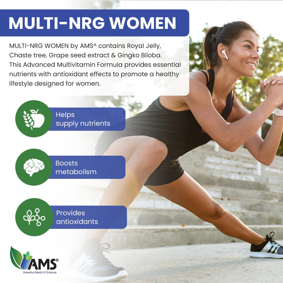 America Medic & Science Multivitamins for Women, Multi-NRG, 45 Coated Caplets, One Daily, Immune Support Supplements, Vitamin C & B Complex, Vital Micro-Nutrients & Natural Herbal Ingredients.