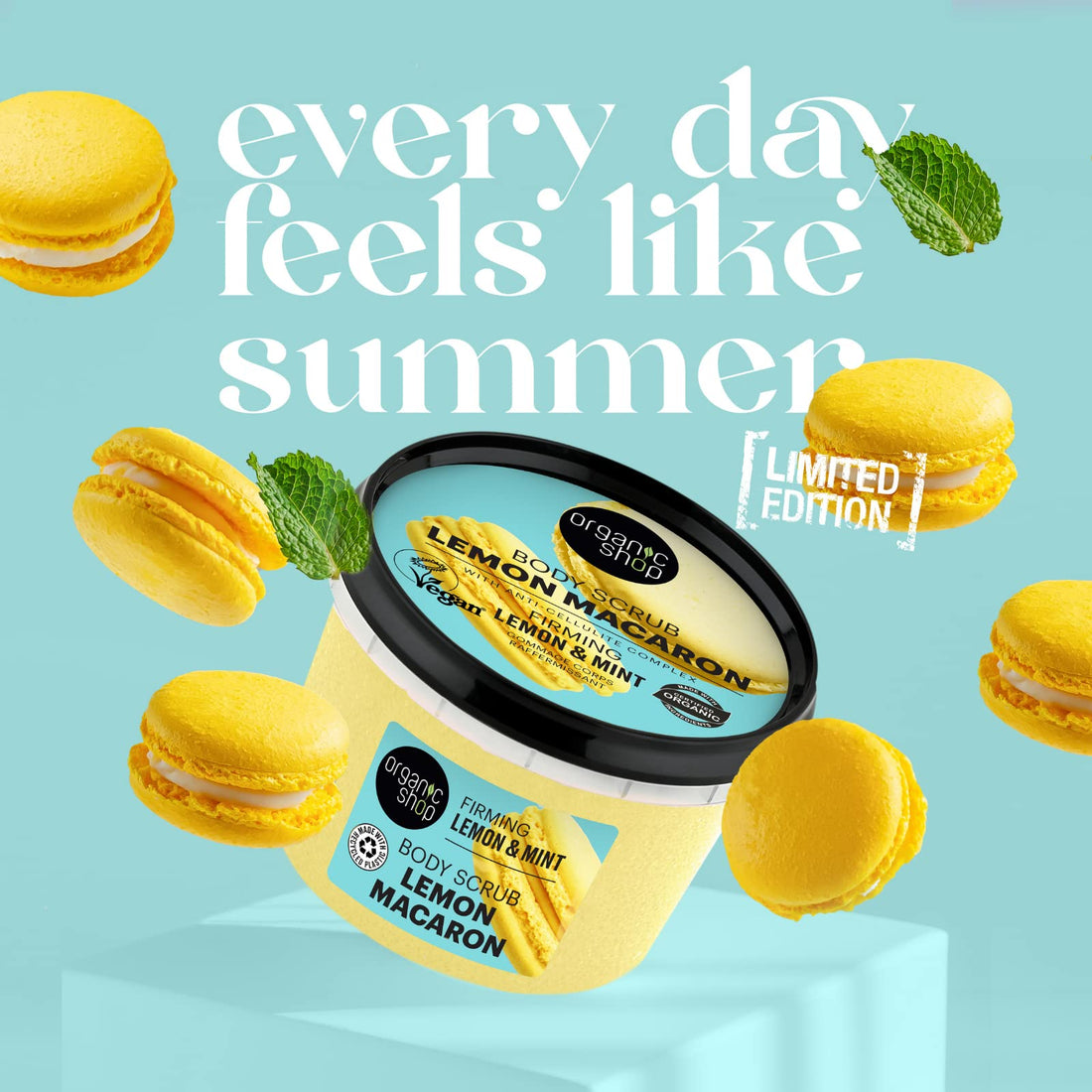 Organic Shop Lemon & Mint, Firming & Exfoliating Body Scrub, 100% Vegan & Organic, Daily Exfoliant, Detox & Moisturizer, Body, Face, Hand & Foot, Intensive Care & Skin Toning. 250ml.