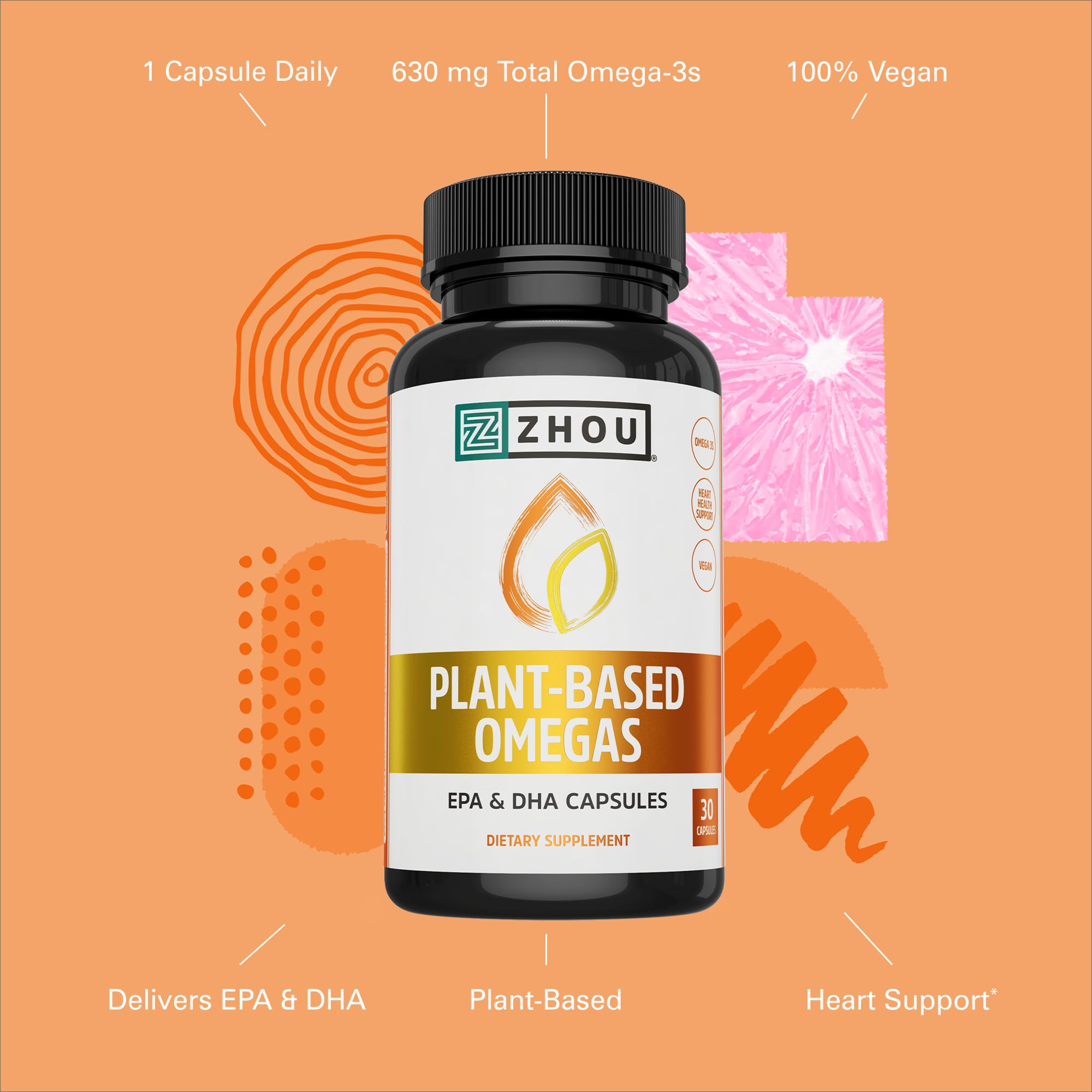ZHOU Plant-Based Omegas, EPA and DHA Vegan Omega 3 Supplement with Algae and Flaxseed Oil, Heart Health Support, 60-Day Guarantee, 30 Servings, 30 Capsules