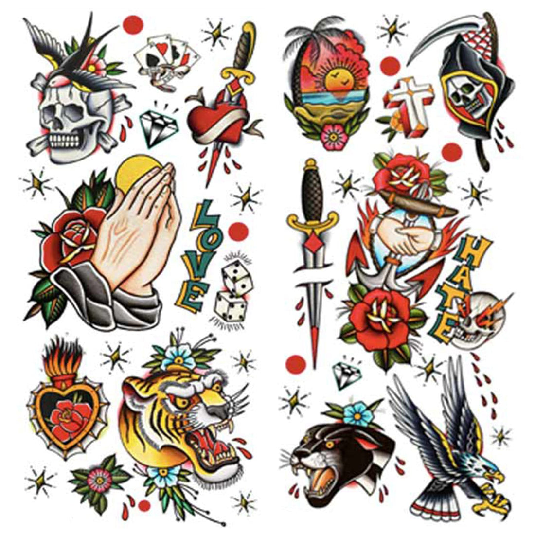 PUSNMI 120Ãƒâ€”260mm Classic Temporary Tattoo Sailor Jerry Temporary Tattoos for Women Men Cool Skull Tattoo for Arm Leg Face Lasting Mix Style Body Art Tattoos for Halloween Club