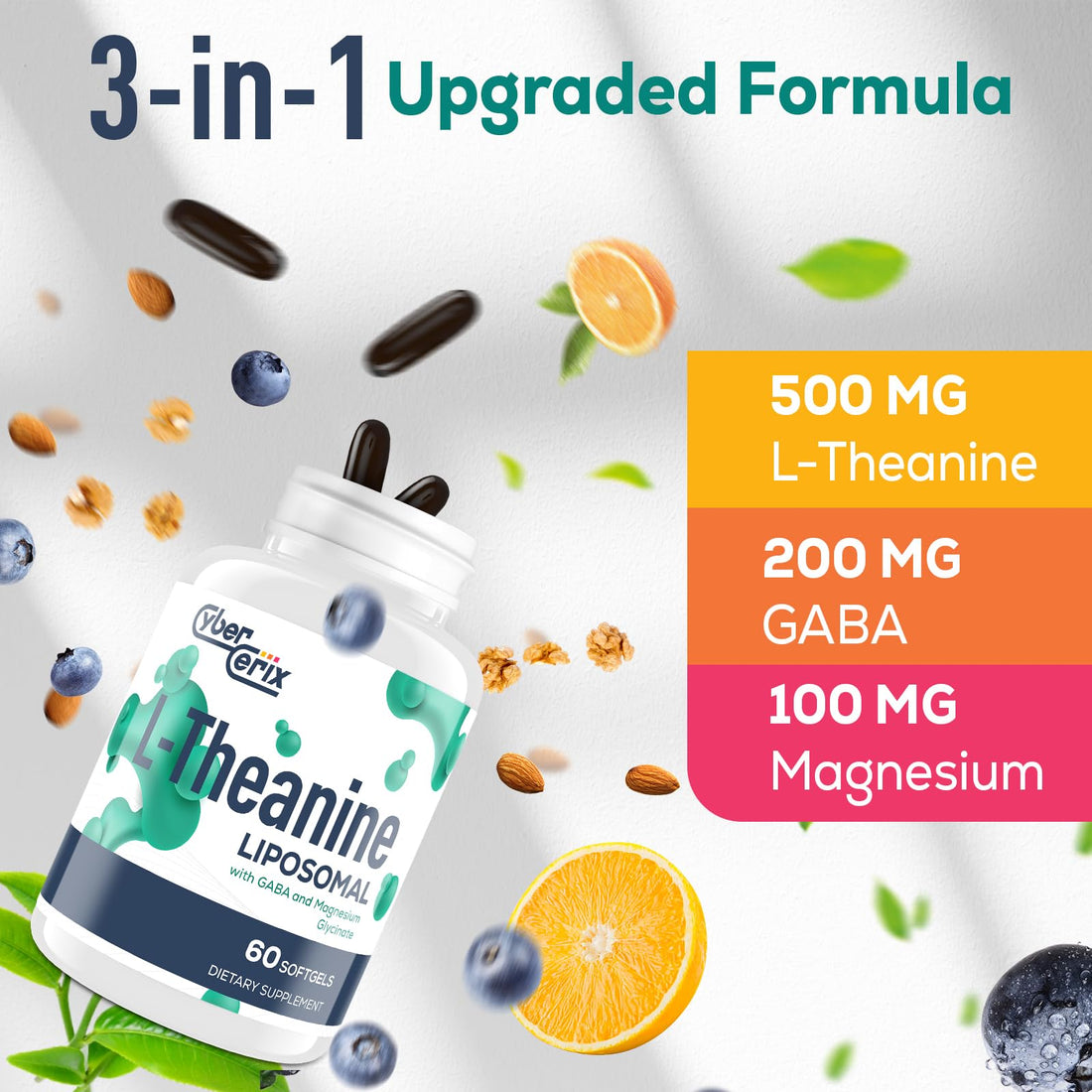 Liposomal L-Theanine 500mg, Complex with GABA 200mg & Magnesium 100mg, Extra Strength Supplement for Calm, Relaxation & Focus, Non-GMO & Gluten Free - 60 Capsules