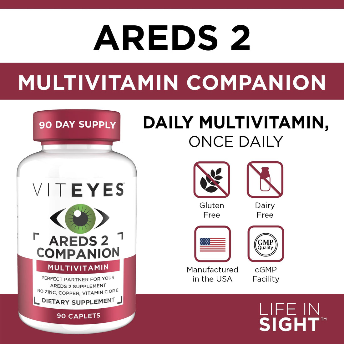 Viteyes Classic AREDS 2 Companion Multivitamin Supplement, Comprehensive Multivitamin Formula for AREDS 2 Users, 90 Capsules