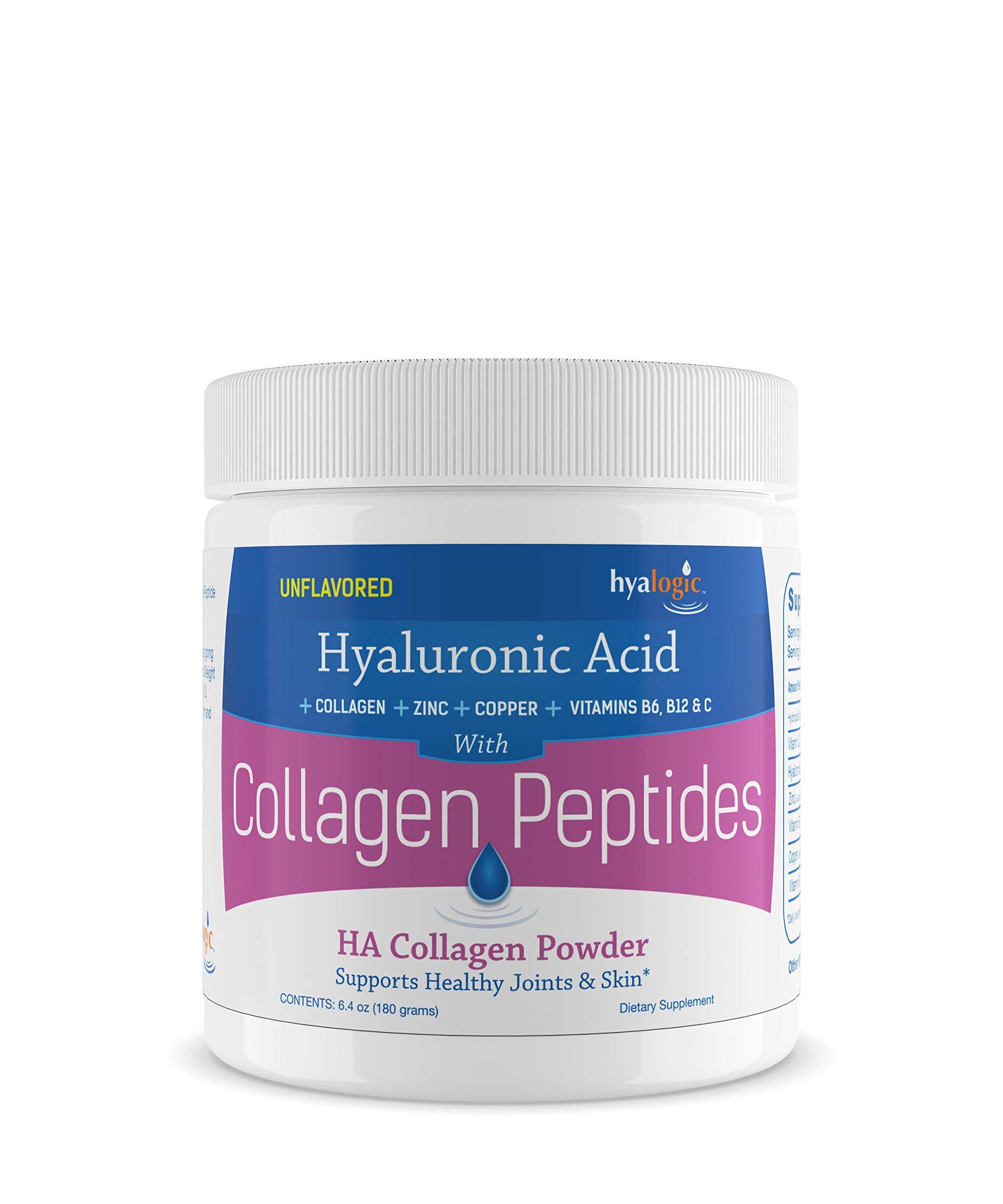 Hyalogic Collagen Peptides Powder w/Hyaluronic Acid, Hydrolyzed Types 1 & 3, Grass Fed, Keto Protein Powder Supplement for Hair Growth, Skin, Nails, Joints Unflavored Easy to Mix 6.4 oz (180 gr.)