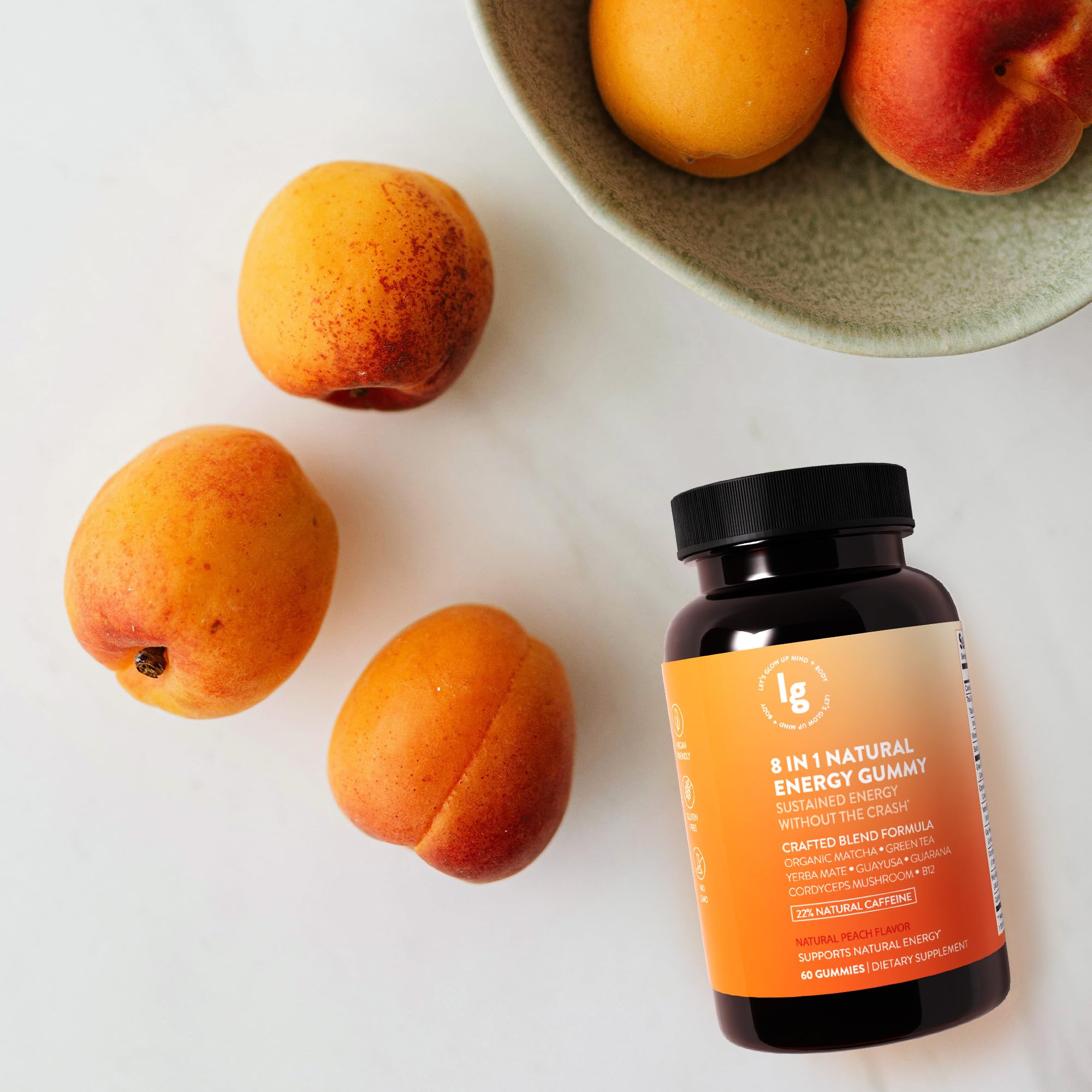 8-in-1 Natural Energy Gummies, Vitamin B12, Sleep Gummies, Womens Multivitamin Gummy, Energy Chews, Vitamin C Gummies, Running Gummies, Peach Flavor, Energy Supplements, 22% Caffeine, 60 Count