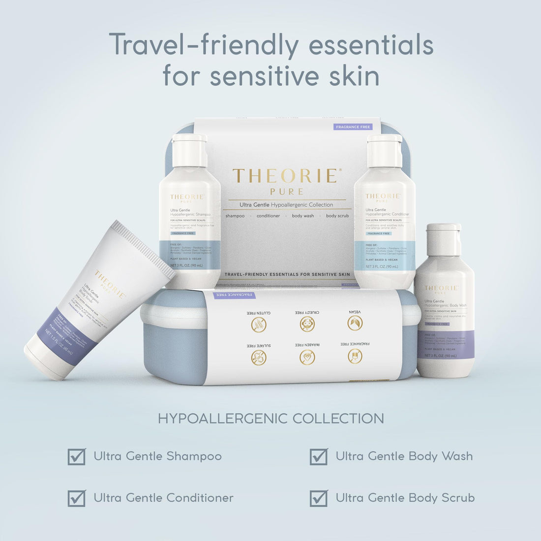 THEORIE PURE Travel Size Toiletries Set - Hypoallergenic Shampoo, Conditioner, Body Wash & Body Scrub - Fragrance-Free, No Sulfates or Parabens - Clean Beauty Essentials for Hair & Skin