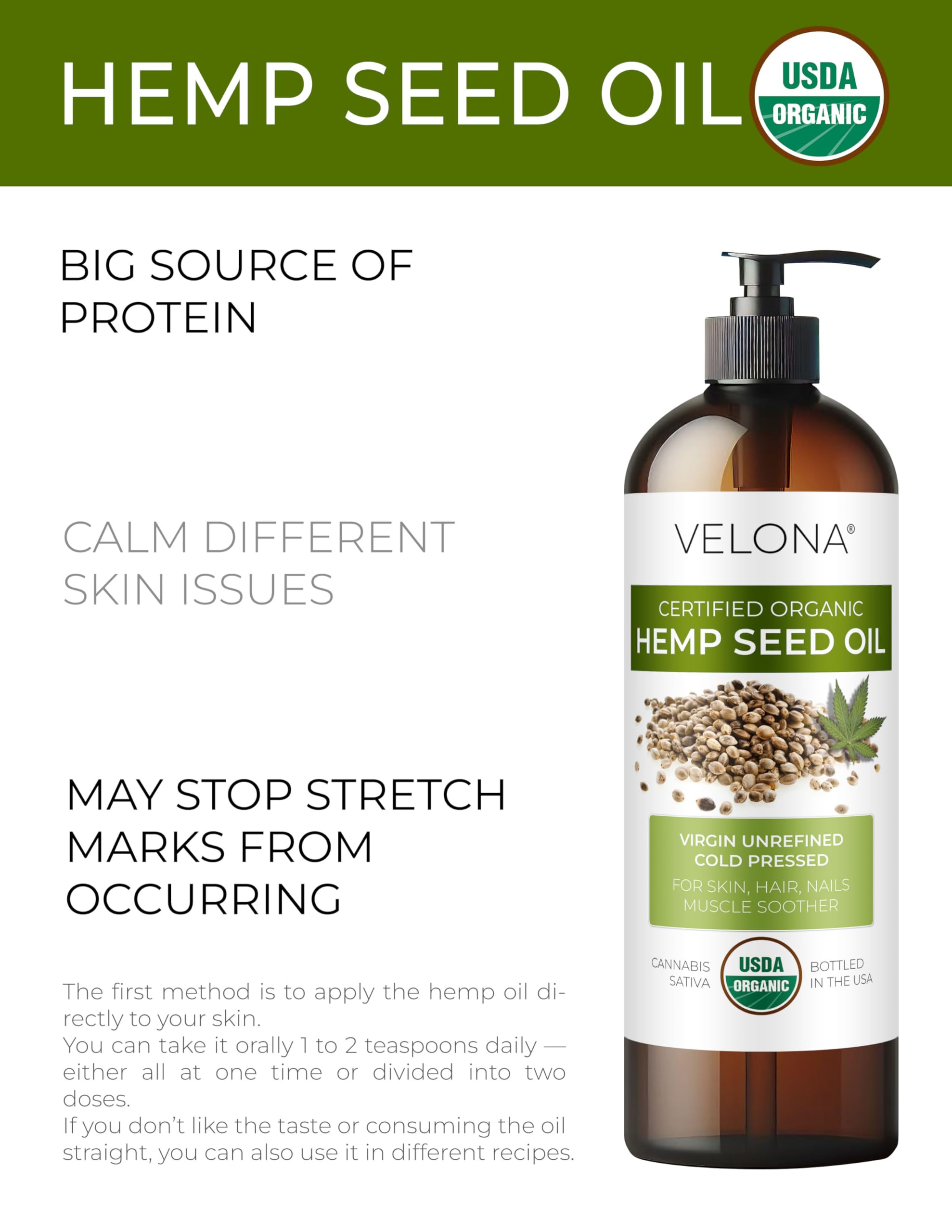 velona Hemp Seed Oil USDA Certified Organic - 32 fl oz | 100% Pure and Natural Carrier Oil | Unrefined, Cold Pressed | Hair, Body, Face & Skin Care