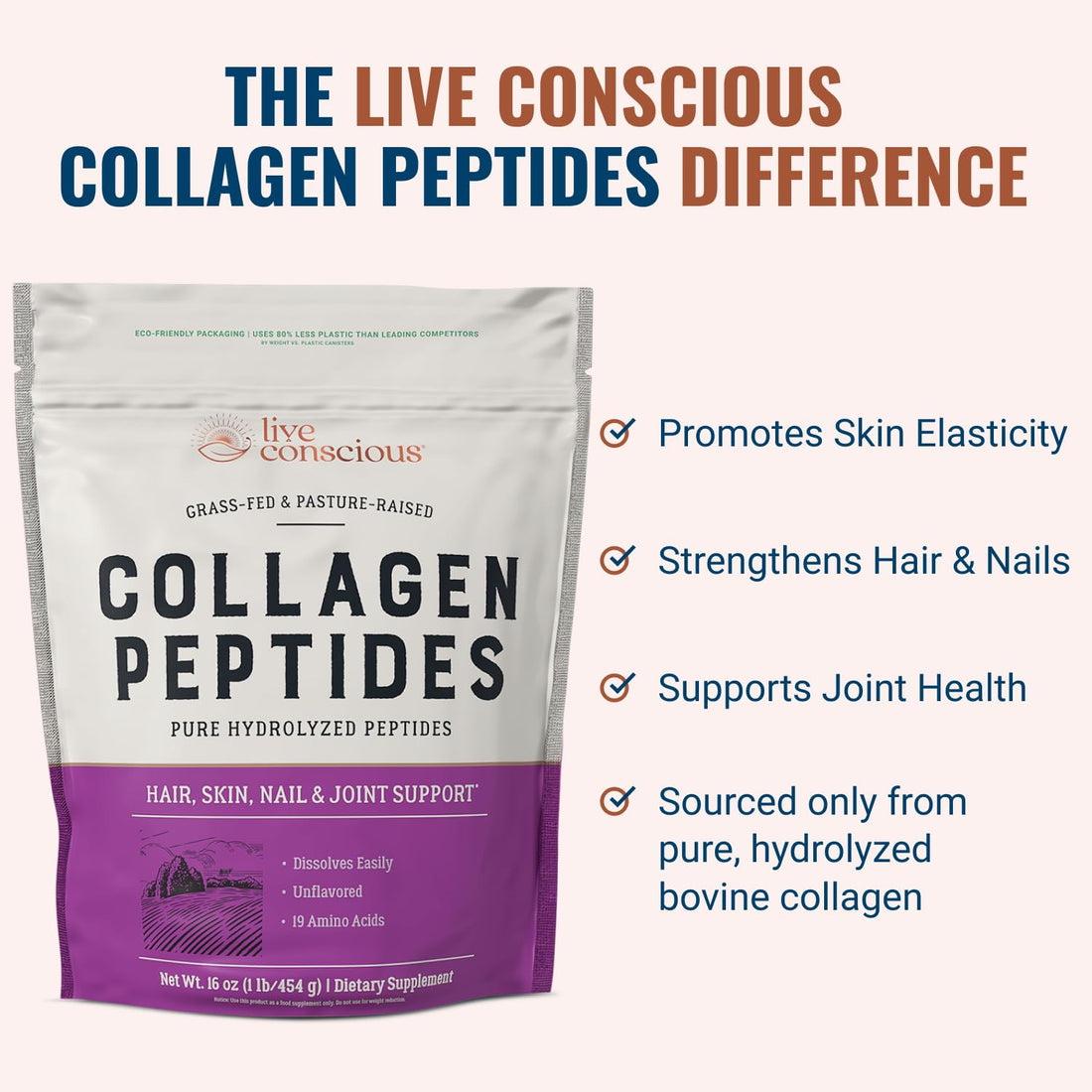 Live Conscious Collagen Powder Hydrolyzed Collagen Peptides Type I & III - Keto & Paleo Friendly - Unflavored - 20 Servings, 7.8 oz