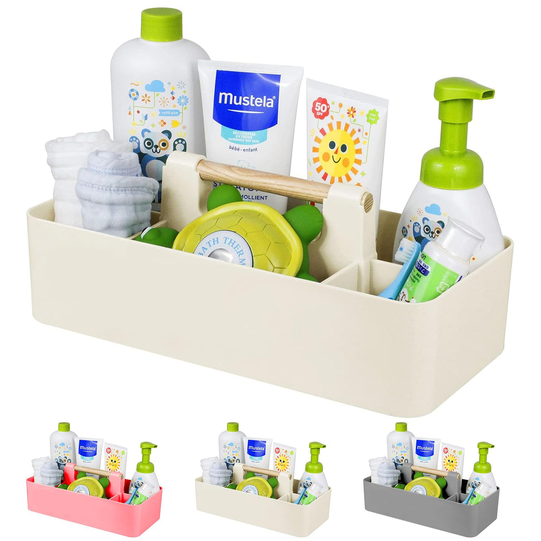 Baby Shower Caddy Plastic Nursery Portable Storage Organizer Caddy Tote for Child/Kids, Divided Basket Bin with Wood Handle for Bathroom, Dorm Room, Holds Hand Soap, Bottles, Spoons (Beige)