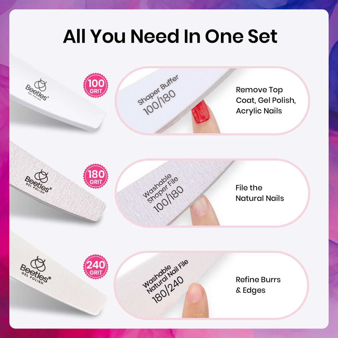 Beetles Nail File Nail Buffer, 3 Pcs Nail Files and Buffers for Acrylic and Natural Nails, 100/180/240 Grit Finger Nail Files & Buffers for Gel Nails Polish Home Salon Manicure Gift for Women