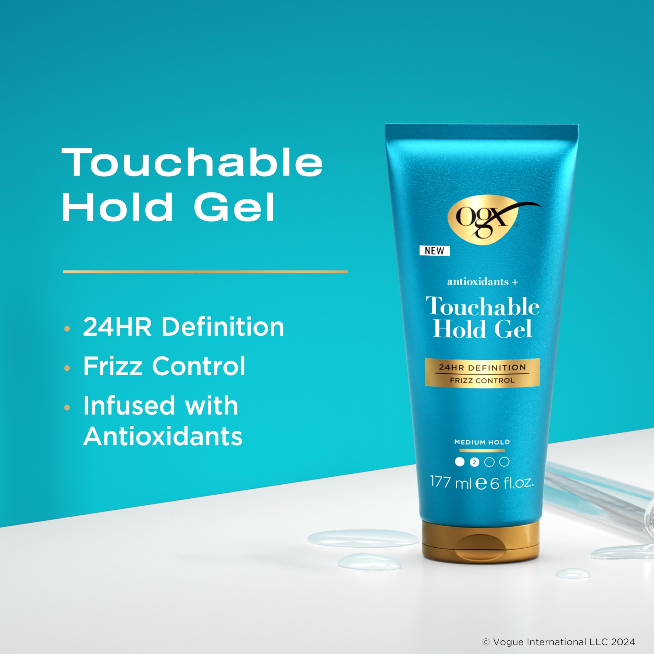 OGX Antioxidants + Touchable Hold Gel, Medium Hold Hair Styling Gel for 24 Hour Definition & Frizz Control, Anti-Humidity Hair Gel with a Soft, Non-Sticky Texture, Paraben-Free, 6 fl. oz