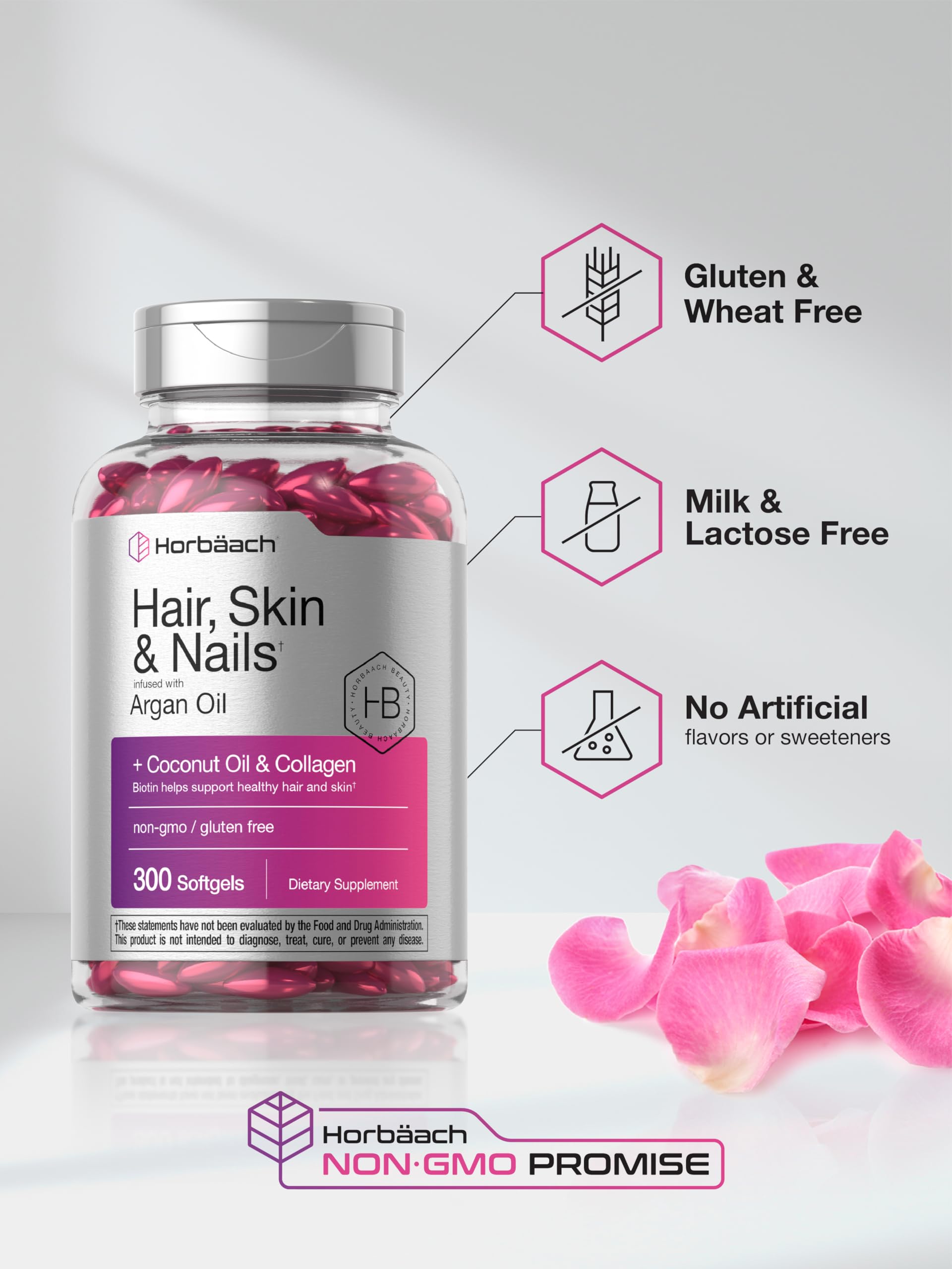 Horbäach Hair Skin and Nails Vitamins | 300 Softgels | with Biotin and Collagen | Infused with Argan Oil and Coconut Oil | Non-GMO, Gluten Free Supplement