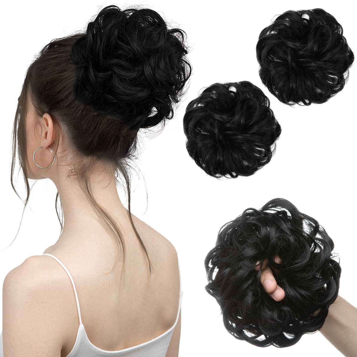 SARLA 2PCS Messy Hair Bun Hair Pieces Wavy Curly Synthetic Updo Fake Scrunchies Ponytail Extension for Women Jet Black