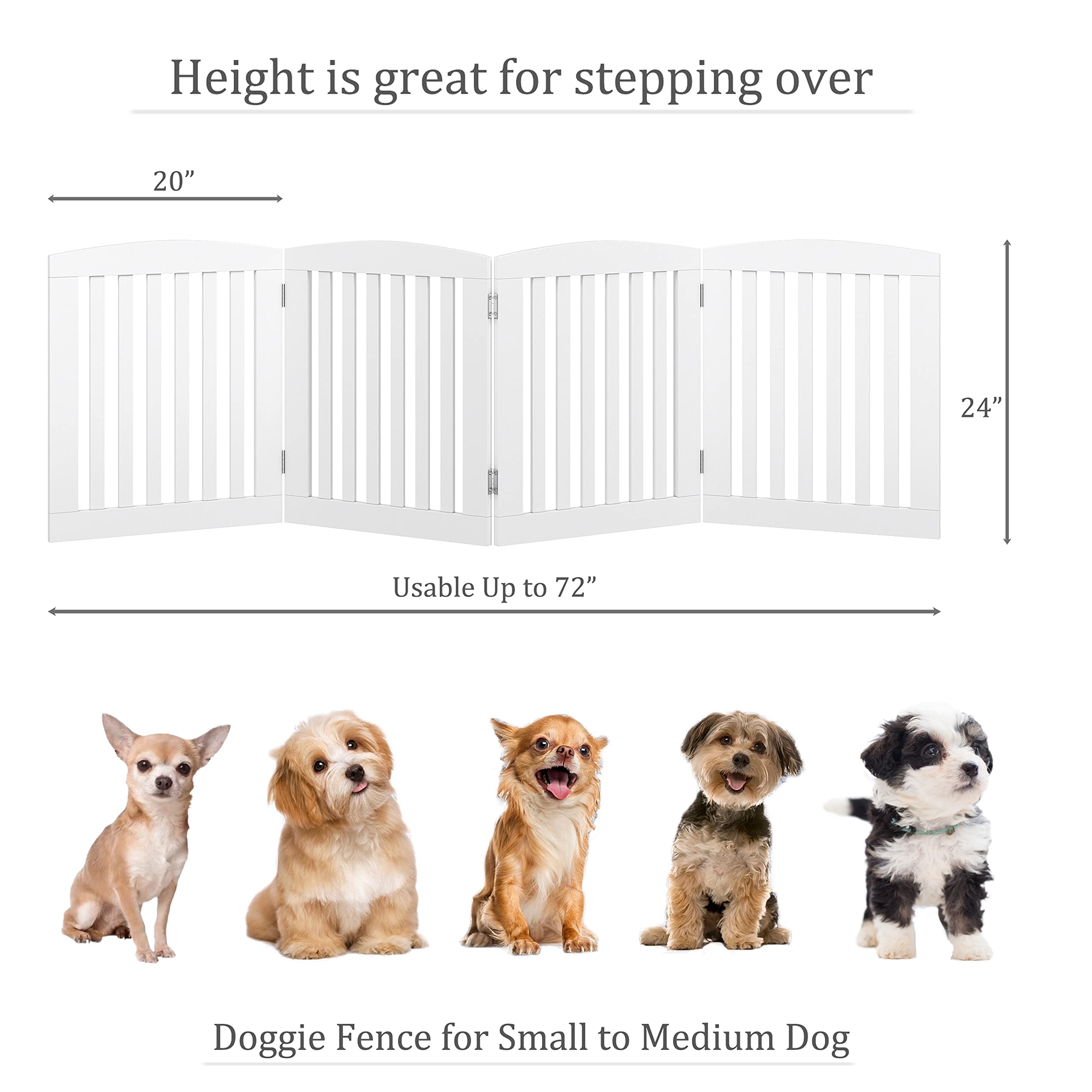 PAWLAND Wooden Freestanding Foldable Pet Gate for Dogs, 24 inch 4 Panels Step Over Fence, Dog Gate for The House, Doorway, Stairs, Extra Wide (White, 24 Height-4 Panels)
