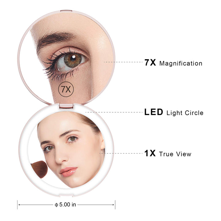Benbilry LED Lighted Travel Makeup Mirror, 1x/7x Magnification, 5 Inch Dual Sided Vanity Mirror with Lights Portable Compact Illuminated Cosmetic Mirror – Perfect for Handbag Rose Gold