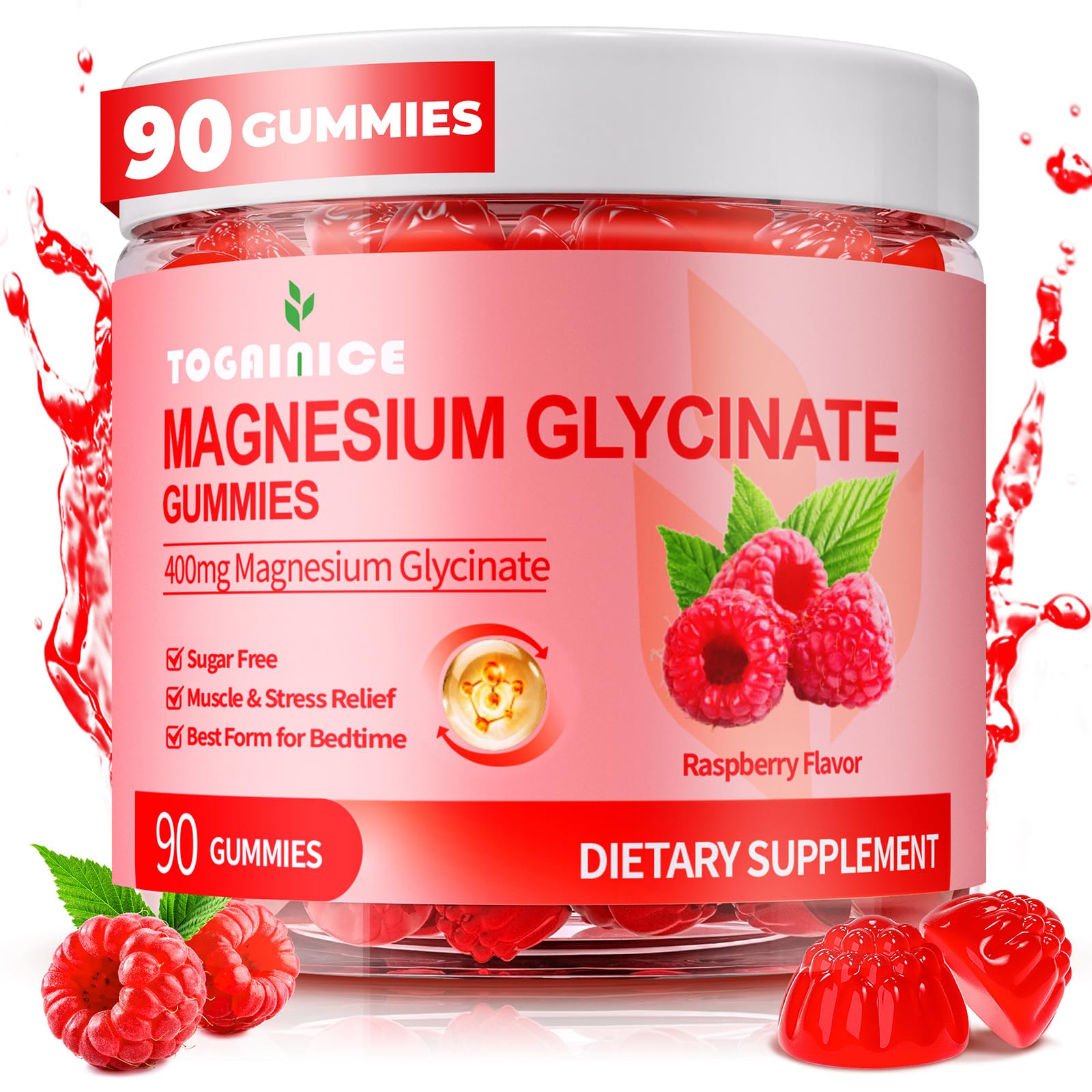 Magnesium Glycinate Gummies 400mg for Adult & Kids,90 Ct Sugar Free Magnesium Gummies with Potassium Magnesium Supplement for Women & Men,Sleep Msucle & Engergy Support,Raspberry Flavor