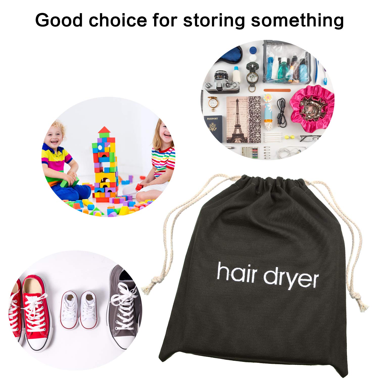 Bememo Hair Dryer Bags Cotton Drawstring Bag Container Hairdryer Bag, 11.8 by 13.8 Inch (Dark Gray)