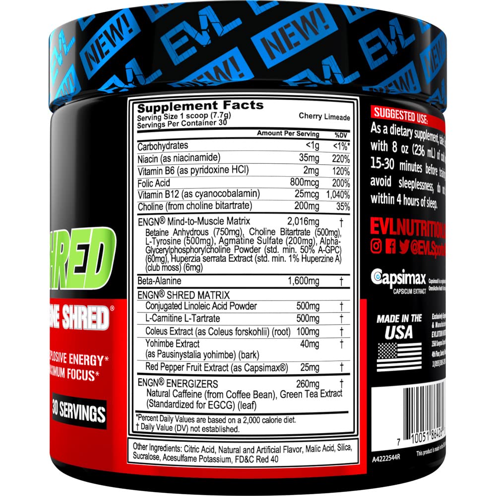 EVL Ultimate Pre Workout Powder - Thermogenic Fat Burner Preworkout Powder Drink for Lasting Energy Focus and Stamina - ENGN Shred Intense Fat Burning Creatine Free Preworkout Drink - Cherry Limeade
