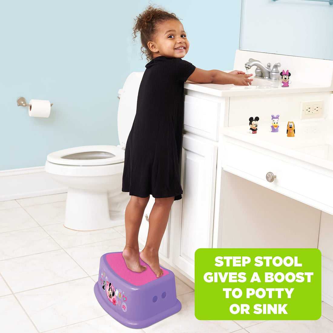 Disney Minnie Mouse Happy Helpers Bathroom Step Stool for Kids Using The Toilet and Sink - Kids Step Stool, Potty Training, Non-Slip, Bathroom, Kitchen, Lightweight