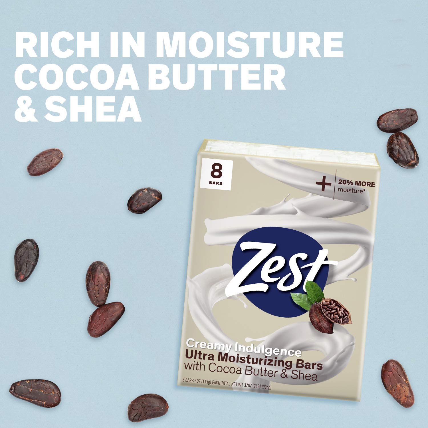 Zest Creamy Cocoa Butter & Shea Moisture-Rich Bar Soap, 4 Oz, 8 Count